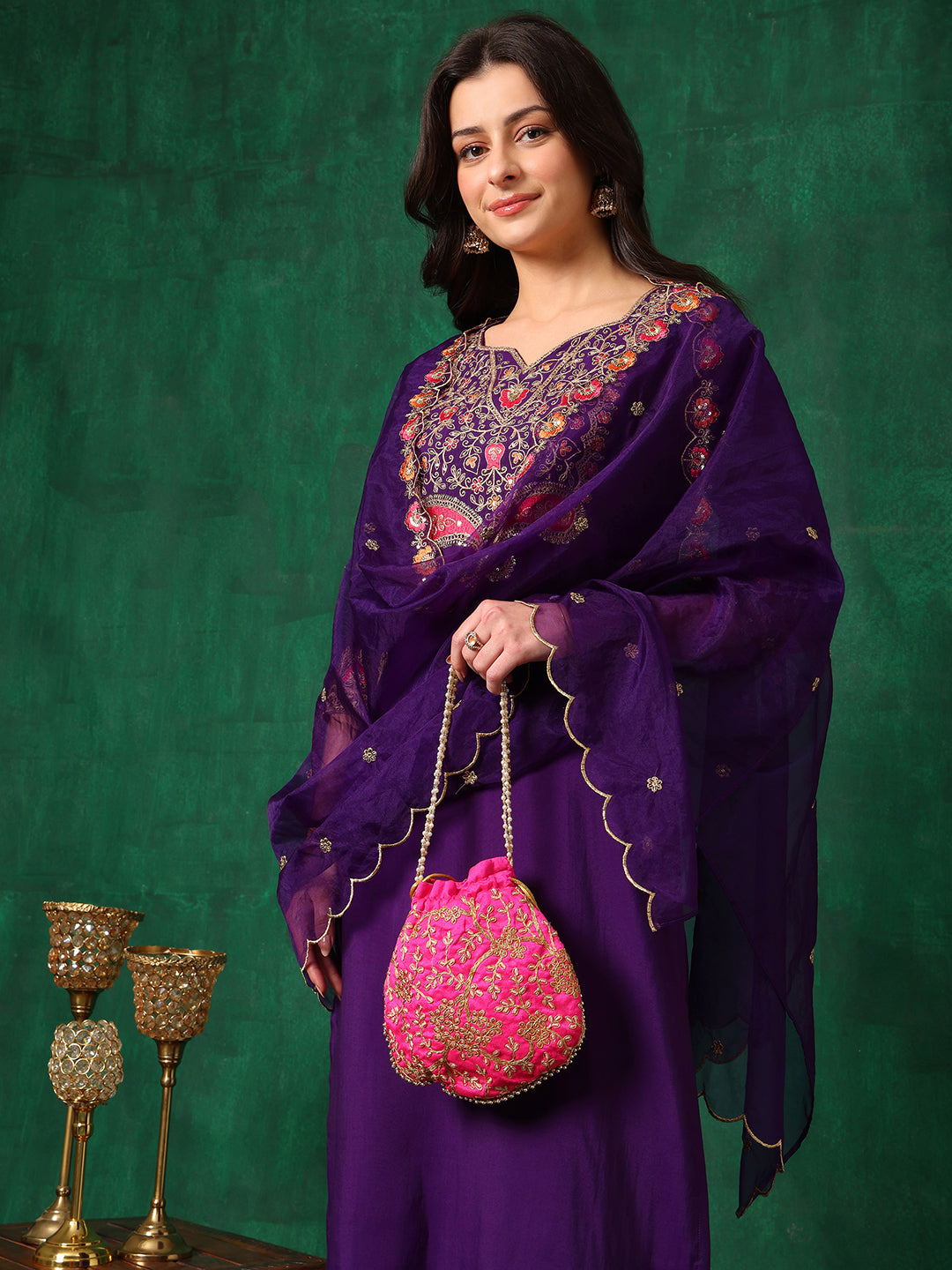 Embroidered Kurta With Pant & Embroidered Dupatta, Purple - Hiral Fashion