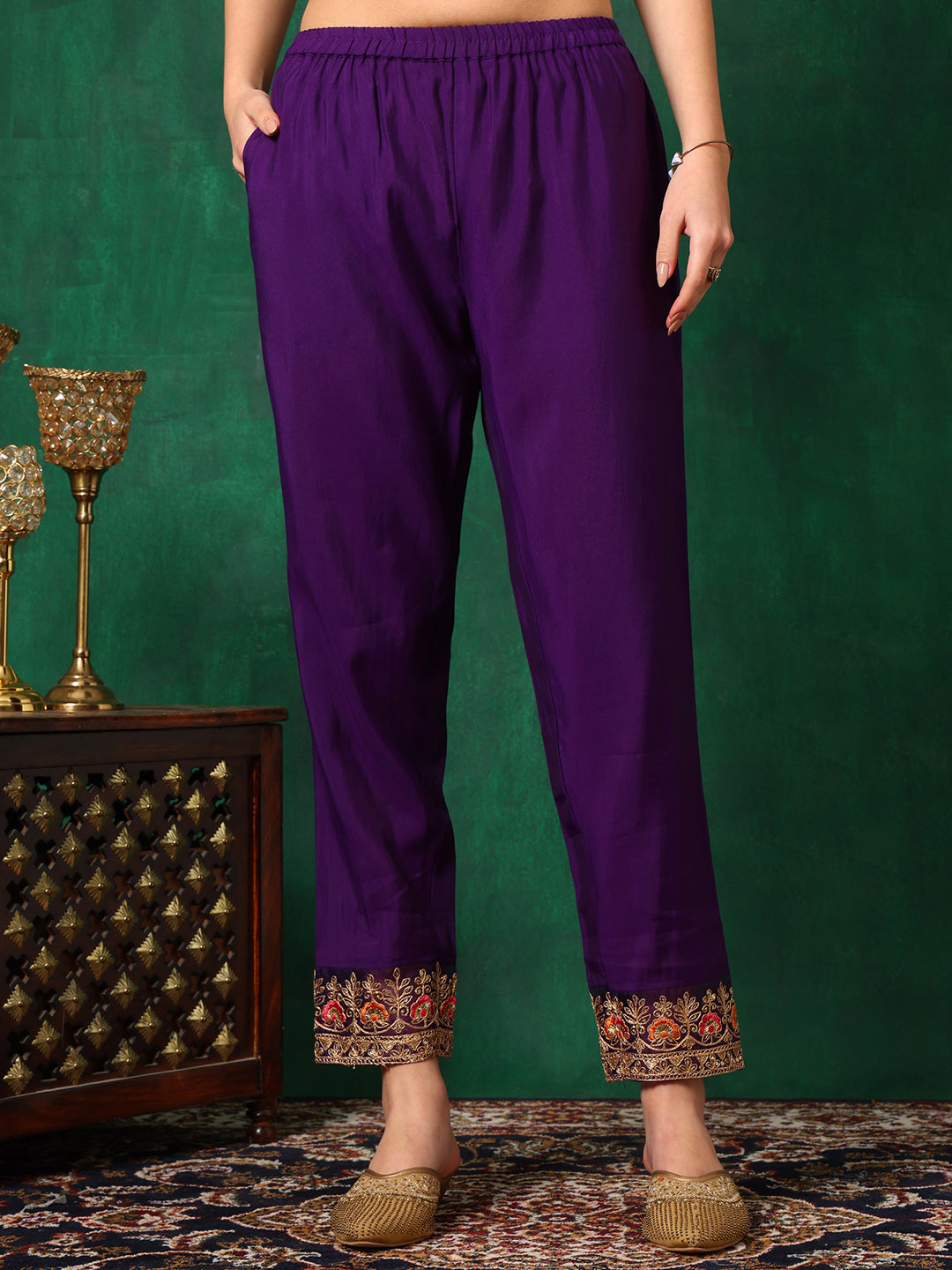 Embroidered Kurta With Pant & Embroidered Dupatta, Purple - Hiral Fashion
