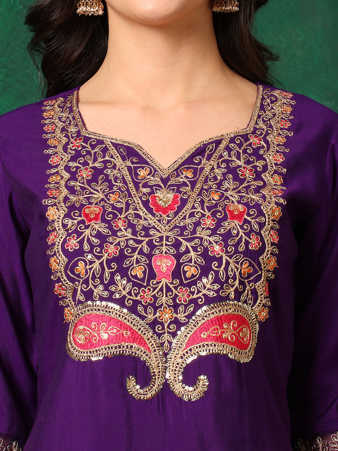 Embroidered Kurta With Pant & Embroidered Dupatta, Purple - Hiral Fashion
