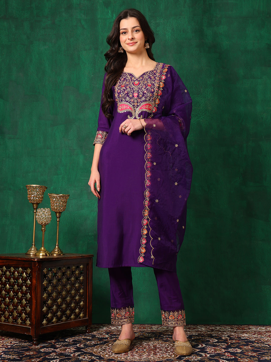 Embroidered Kurta With Pant & Embroidered Dupatta, Purple - Hiral Fashion