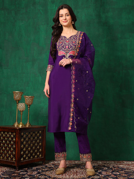 Embroidered Kurta With Pant & Embroidered Dupatta, Purple - Hiral Fashion