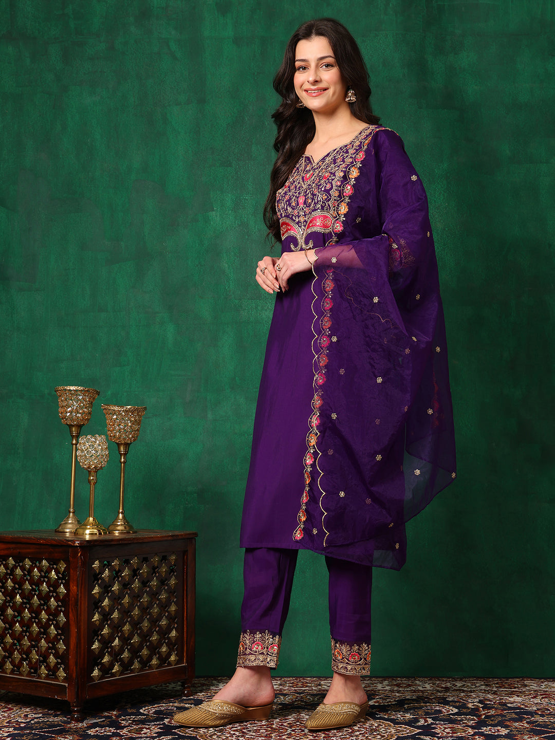 Embroidered Kurta With Pant & Embroidered Dupatta, Purple - Hiral Fashion