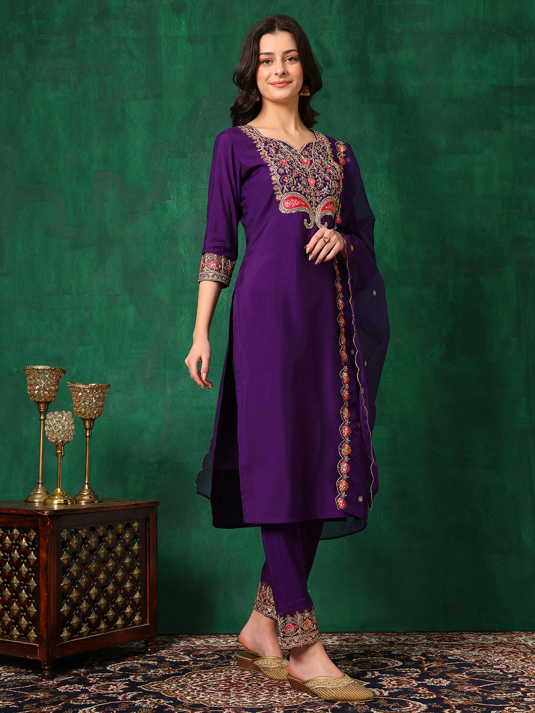 Embroidered Kurta With Pant & Embroidered Dupatta, Purple - Hiral Fashion