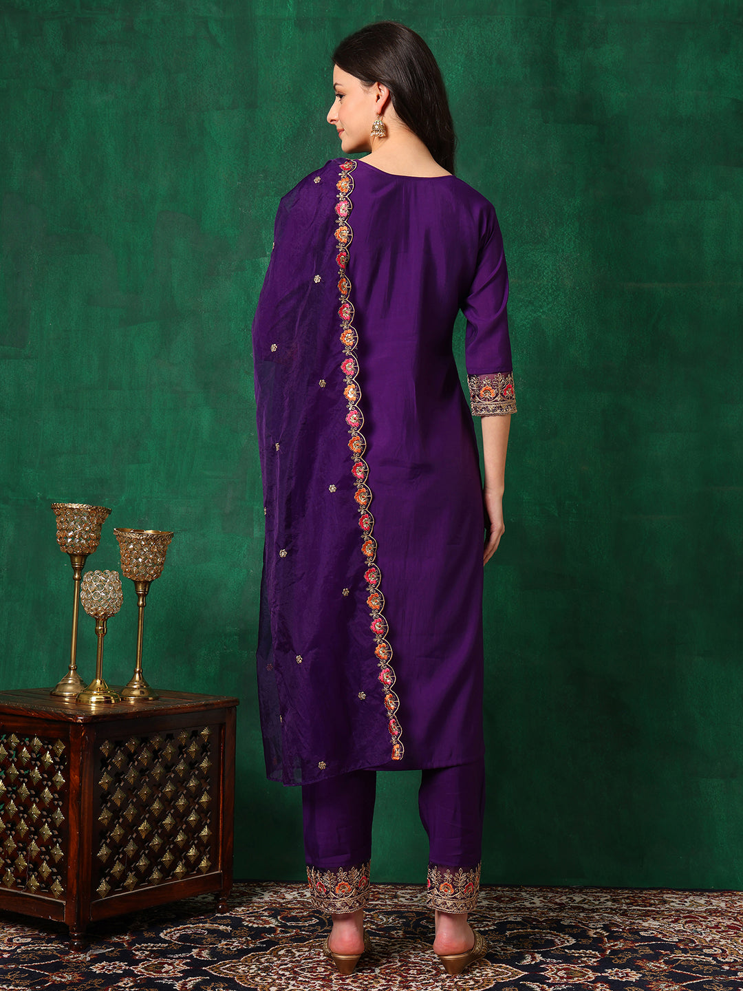 Embroidered Kurta With Pant & Embroidered Dupatta, Purple - Hiral Fashion