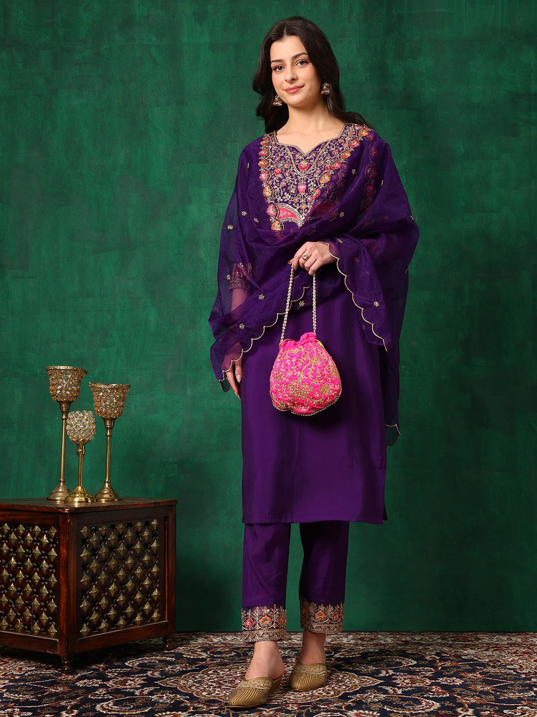 Embroidered Kurta With Pant & Embroidered Dupatta, Purple - Hiral Fashion