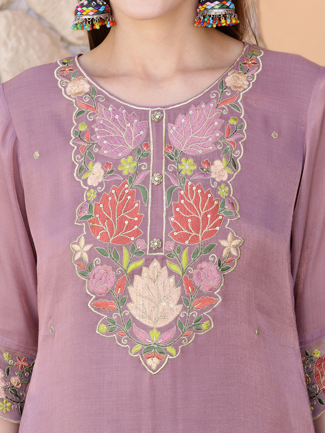 Embroidered Kurta With Pant & Embroidered Dupatta, Purple - Hiral Fashion