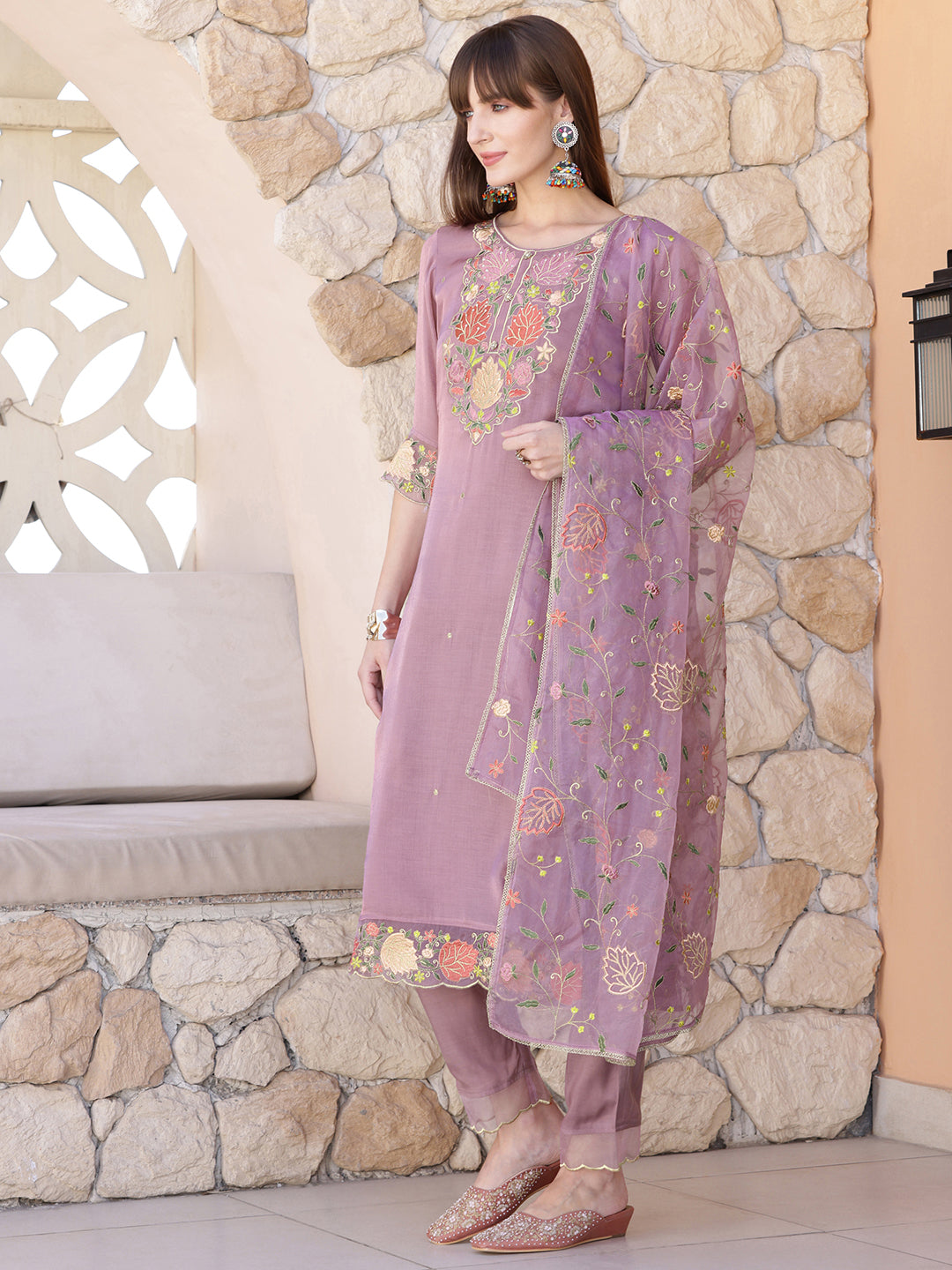 Embroidered Kurta With Pant & Embroidered Dupatta, Purple - Hiral Fashion