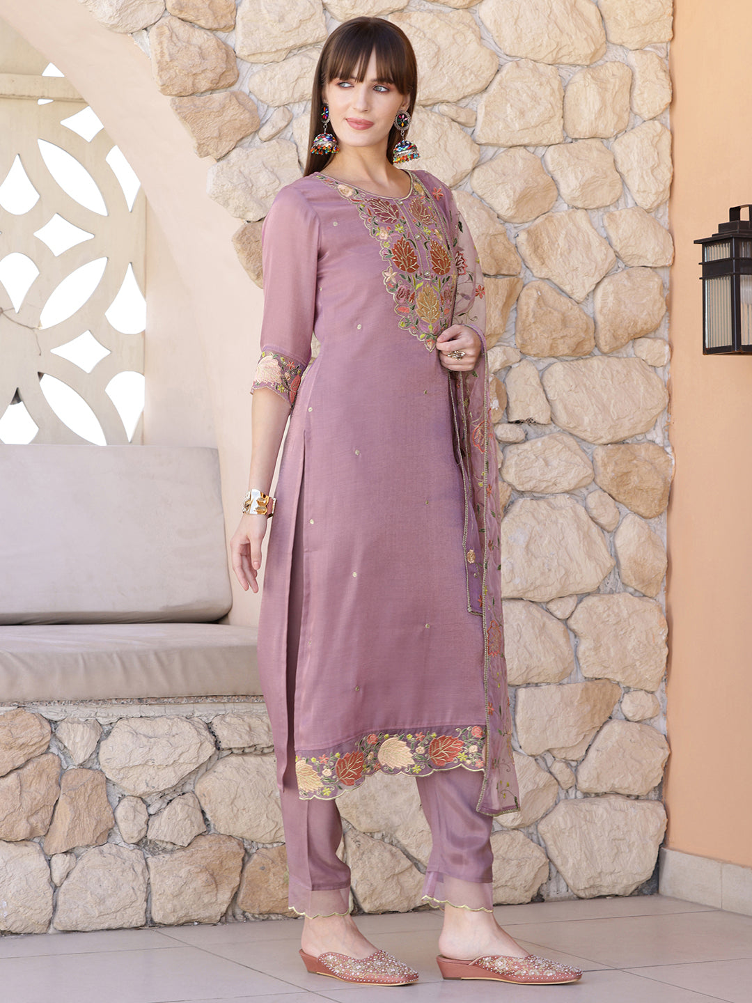 Embroidered Kurta With Pant & Embroidered Dupatta, Purple - Hiral Fashion