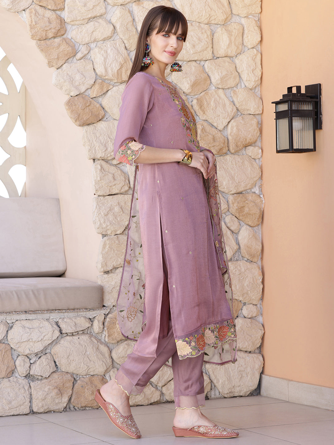 Embroidered Kurta With Pant & Embroidered Dupatta, Purple - Hiral Fashion