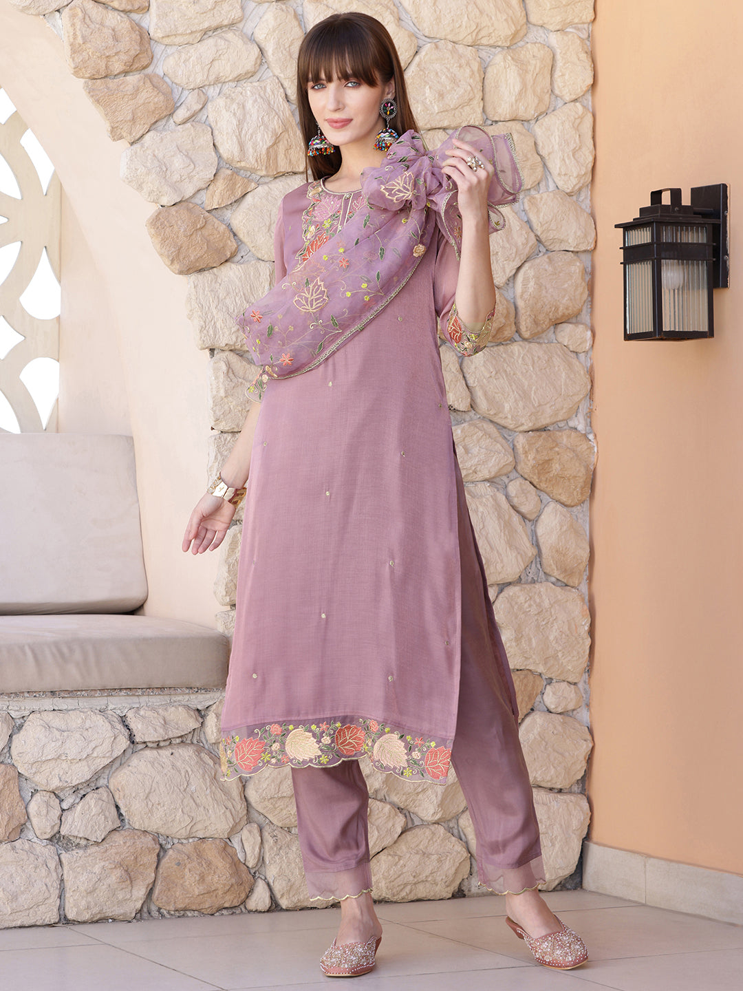 Embroidered Kurta With Pant & Embroidered Dupatta, Purple - Hiral Fashion