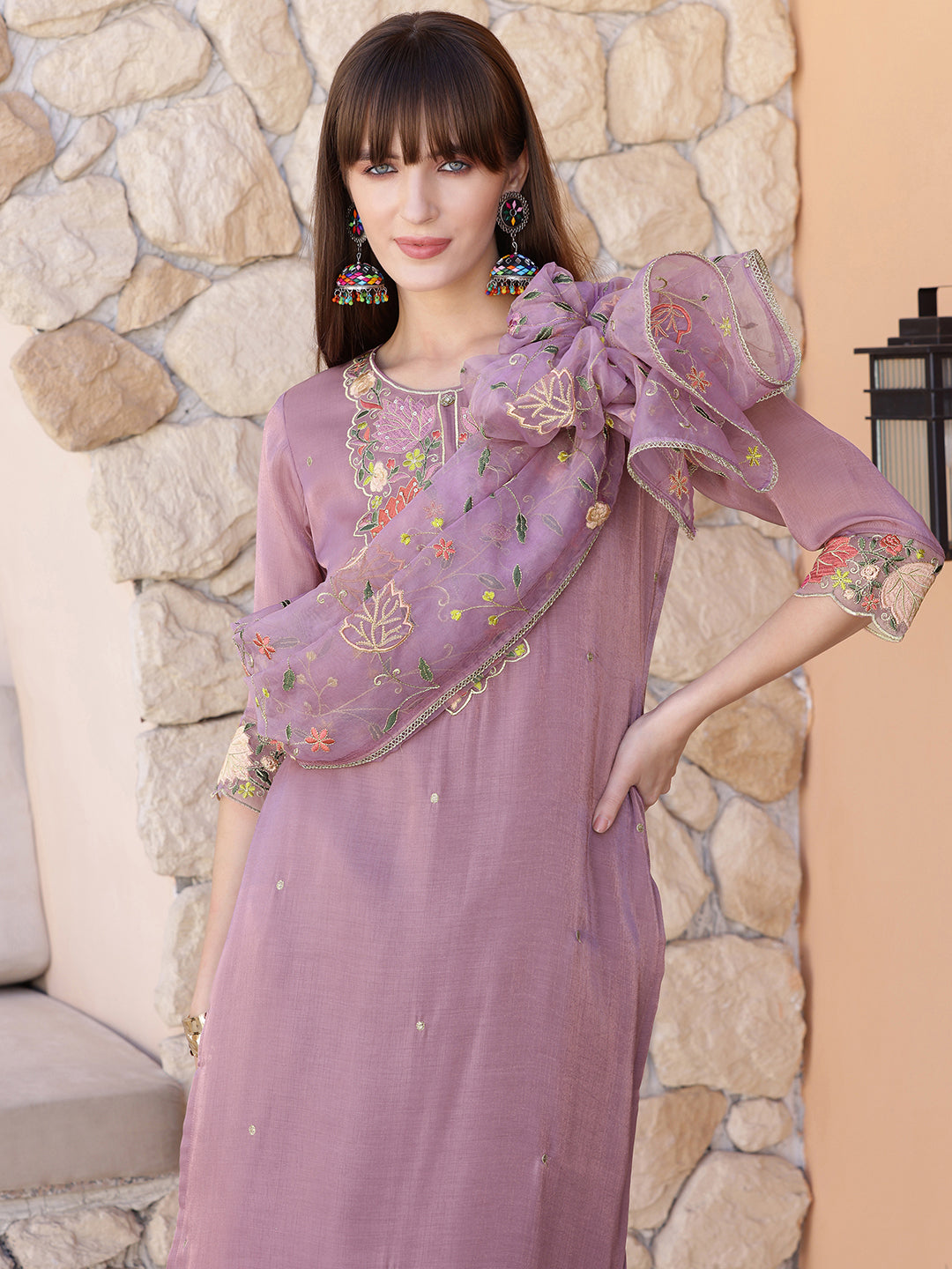 Embroidered Kurta With Pant & Embroidered Dupatta, Purple - Hiral Fashion