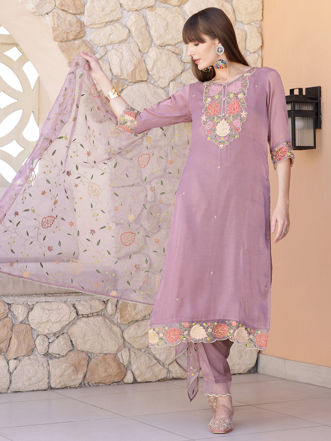 Embroidered Kurta With Pant & Embroidered Dupatta, Purple - Hiral Fashion