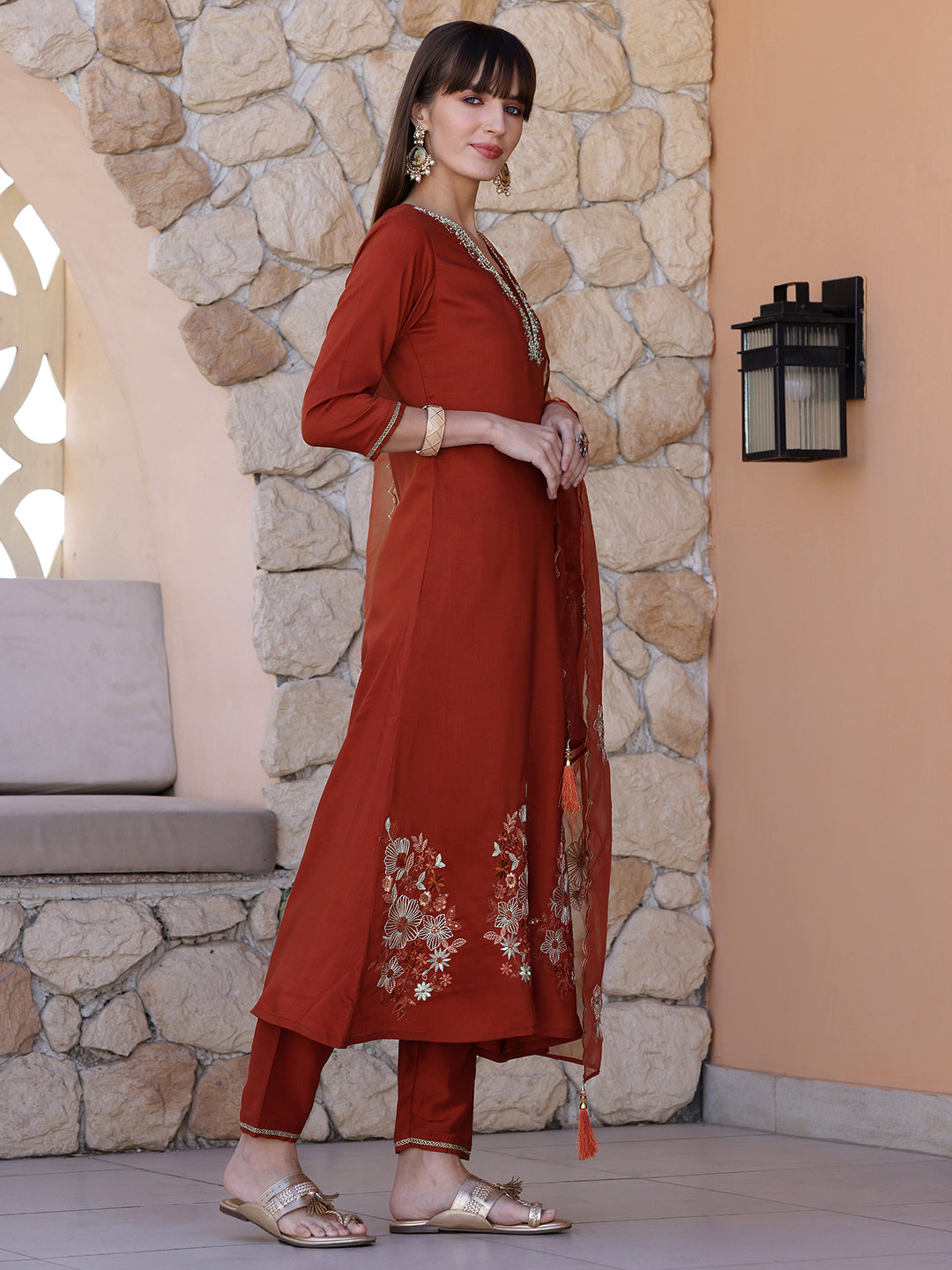 Hand Embroidered Kurta With Pant & Embroidered Dupatta, Rust - Hiral Fashion