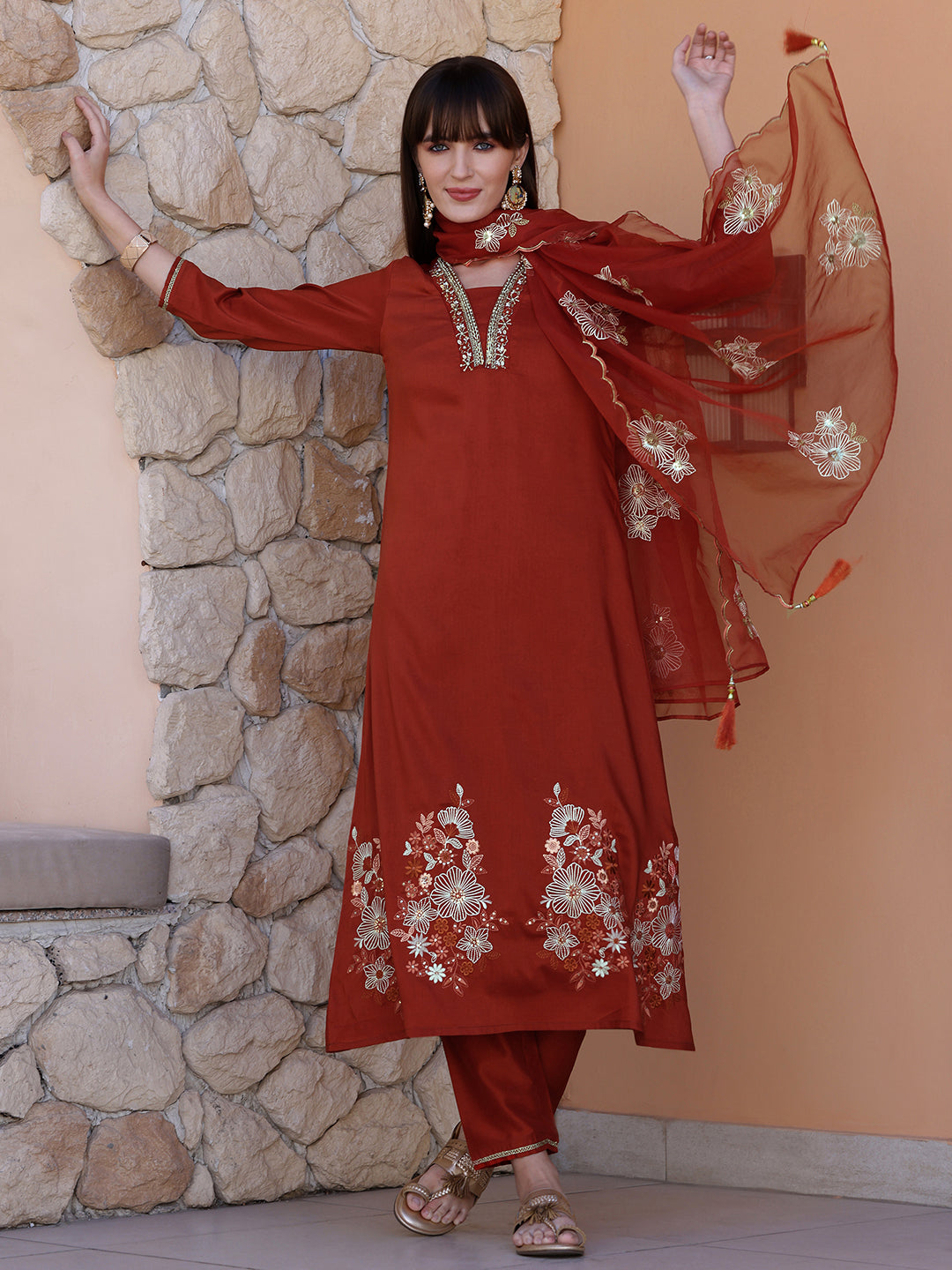 Hand Embroidered Kurta With Pant & Embroidered Dupatta, Rust - Hiral Fashion