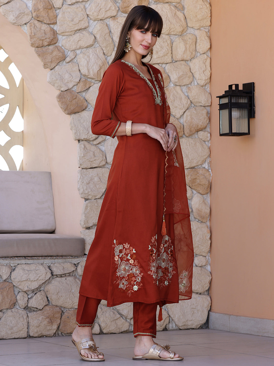 Hand Embroidered Kurta With Pant & Embroidered Dupatta, Rust - Hiral Fashion