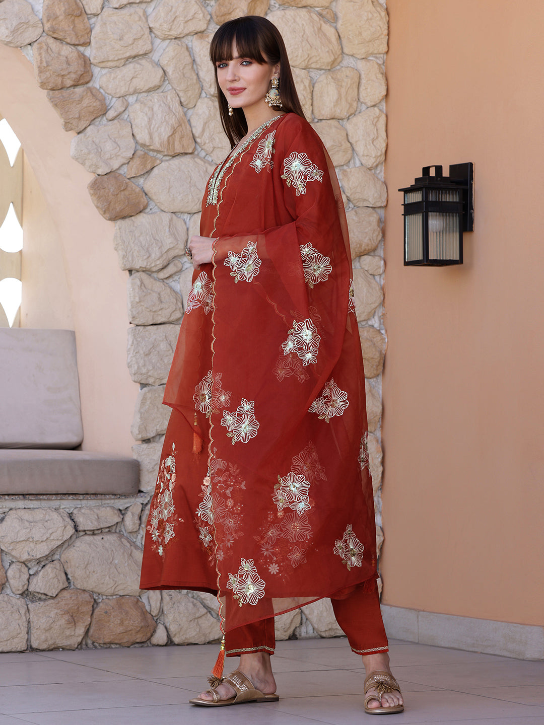 Hand Embroidered Kurta With Pant & Embroidered Dupatta, Rust - Hiral Fashion