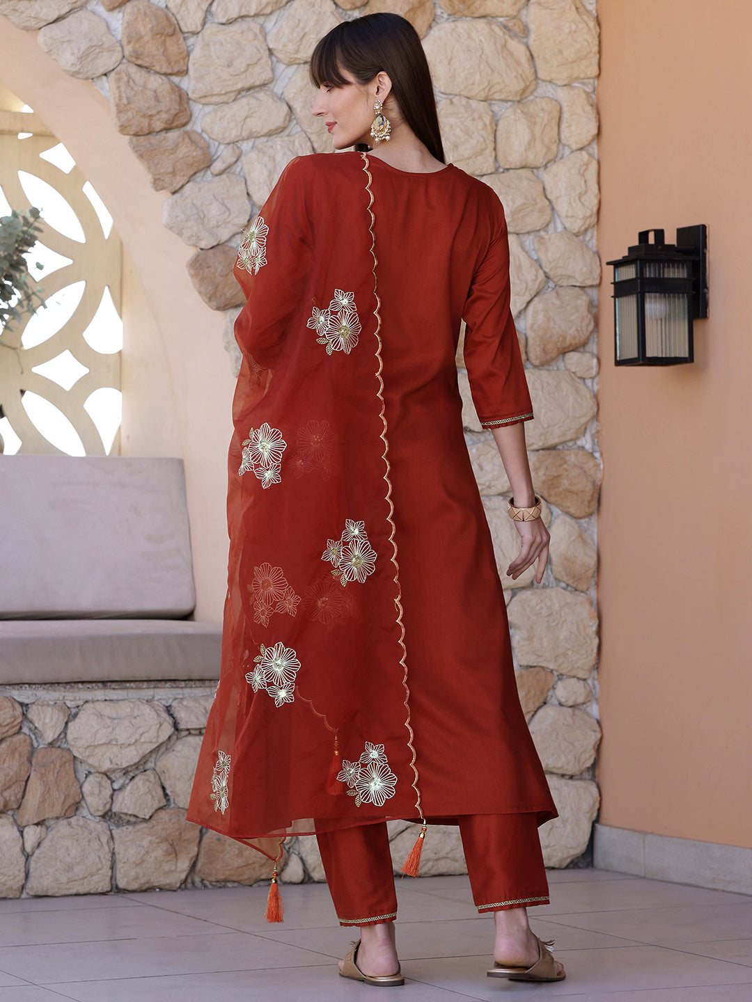 Hand Embroidered Kurta With Pant & Embroidered Dupatta, Rust - Hiral Fashion