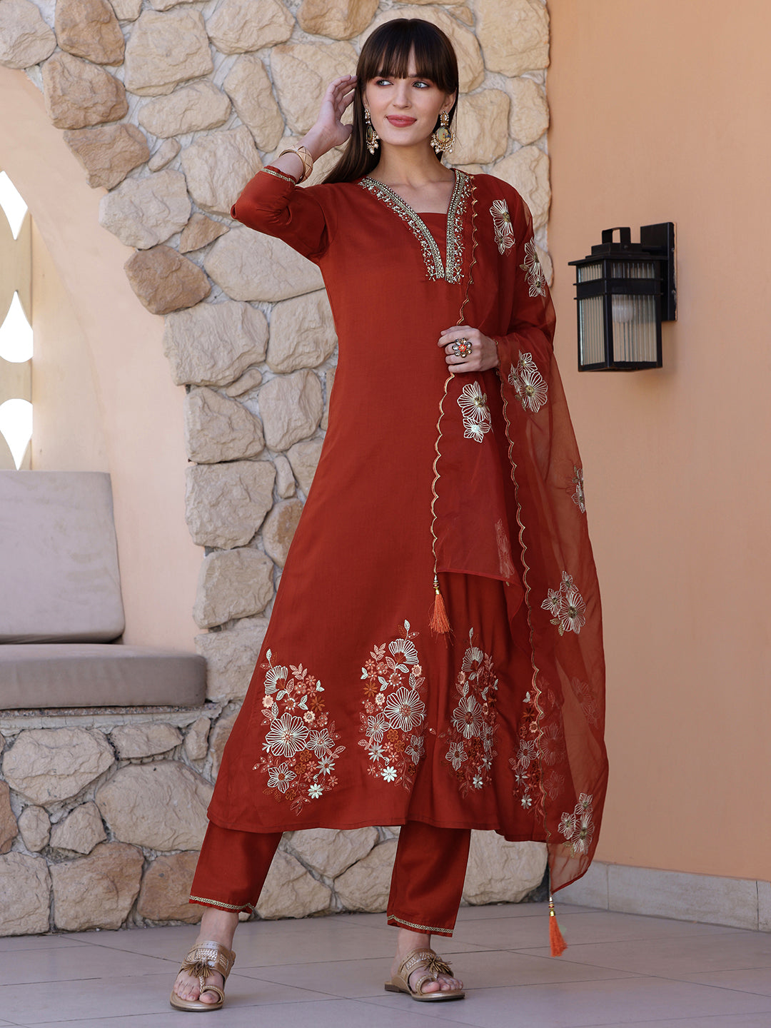 Hand Embroidered Kurta With Pant & Embroidered Dupatta, Rust - Hiral Fashion