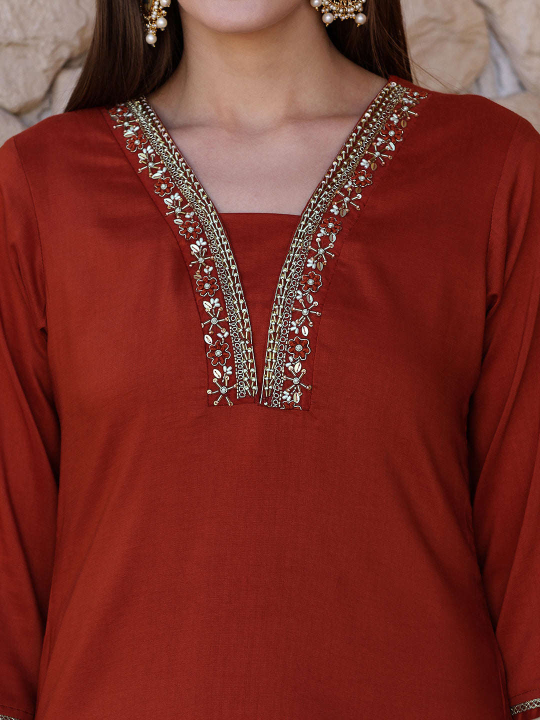 Hand Embroidered Kurta With Pant & Embroidered Dupatta, Rust - Hiral Fashion