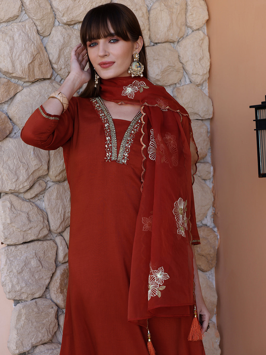 Hand Embroidered Kurta With Pant & Embroidered Dupatta, Rust - Hiral Fashion