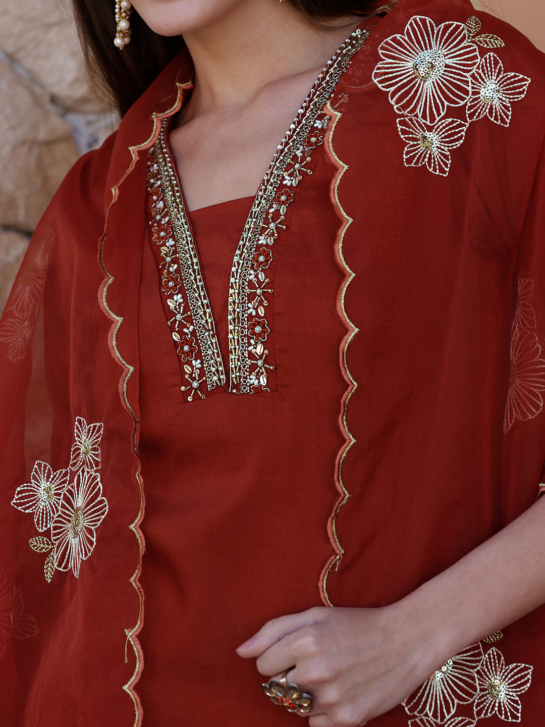 Hand Embroidered Kurta With Pant & Embroidered Dupatta, Rust - Hiral Fashion