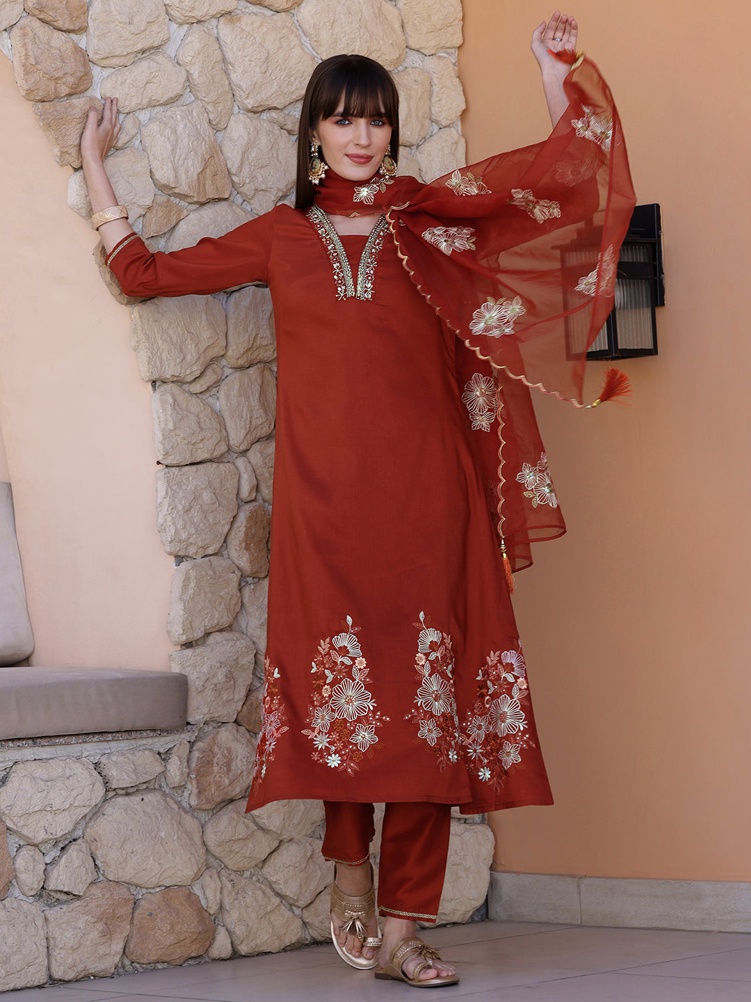 Hand Embroidered Kurta With Pant & Embroidered Dupatta, Rust - Hiral Fashion