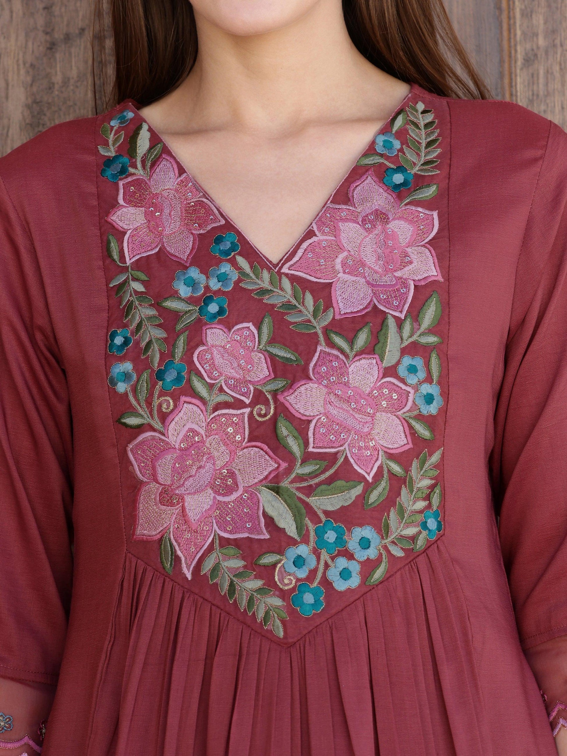 Aline Embroidered Kurta With Pant & Embroidered Dupatta, Rust - Hiral Fashion