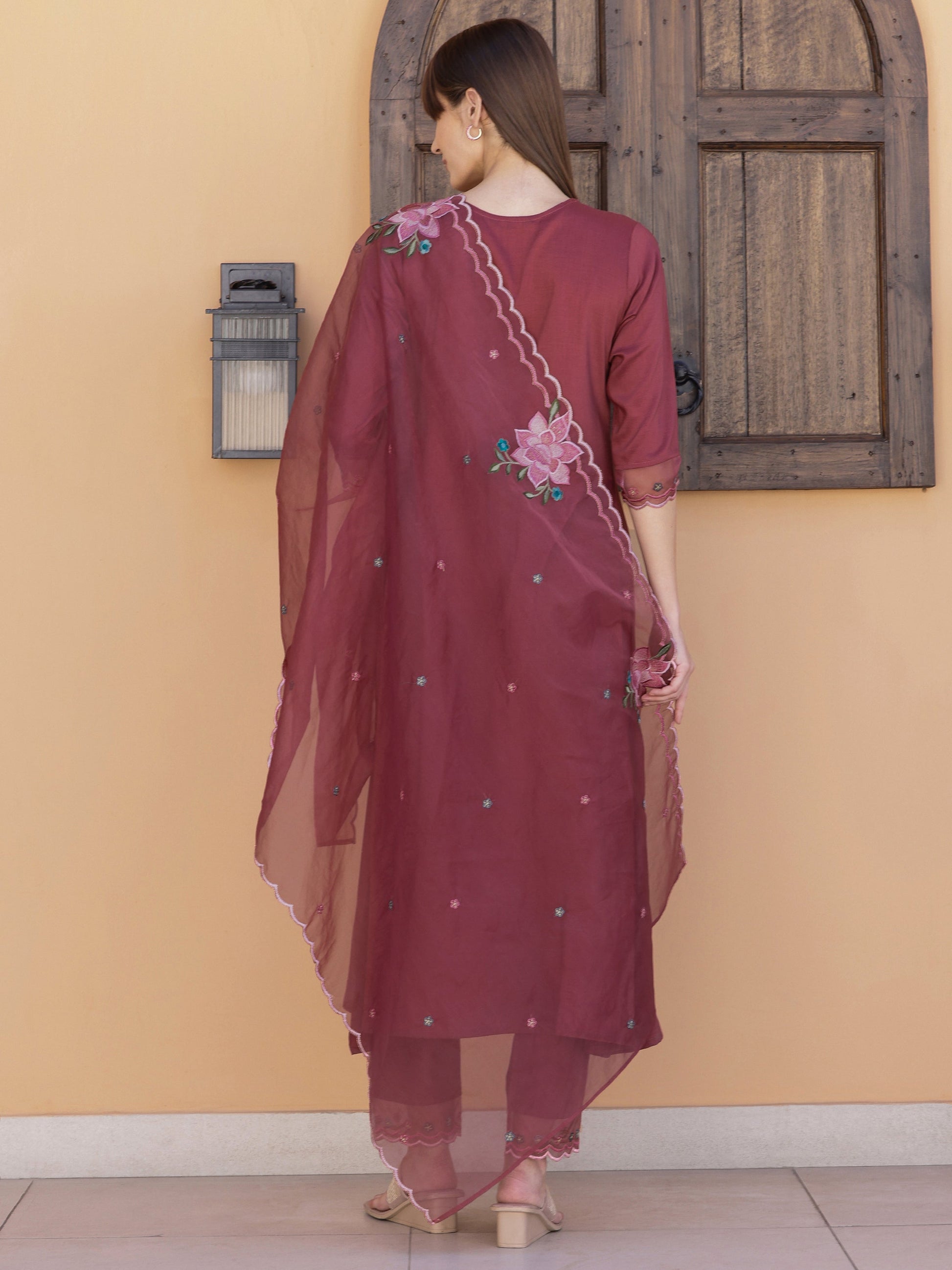 Aline Embroidered Kurta With Pant & Embroidered Dupatta, Rust - Hiral Fashion