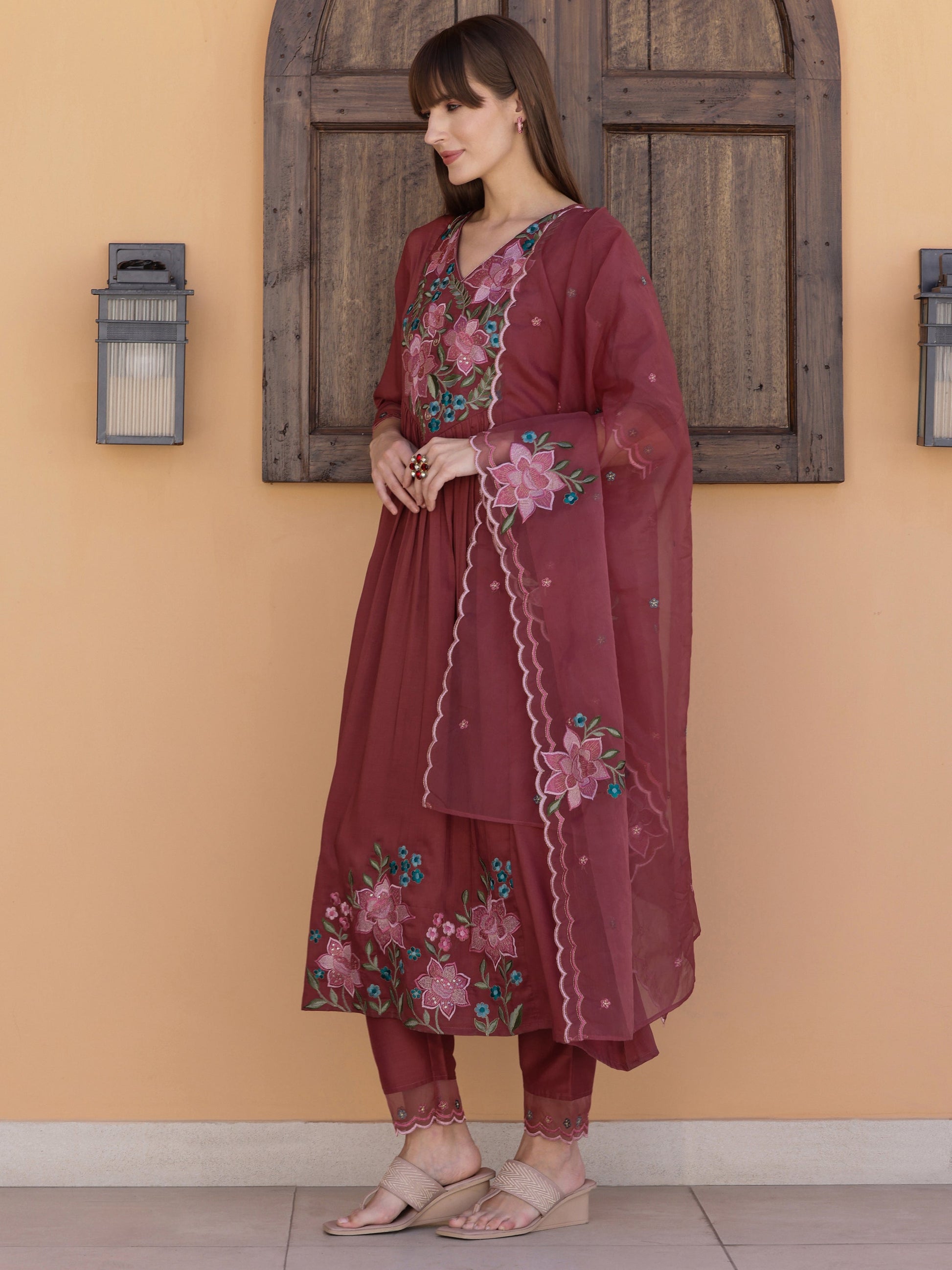 Aline Embroidered Kurta With Pant & Embroidered Dupatta, Rust - Hiral Fashion