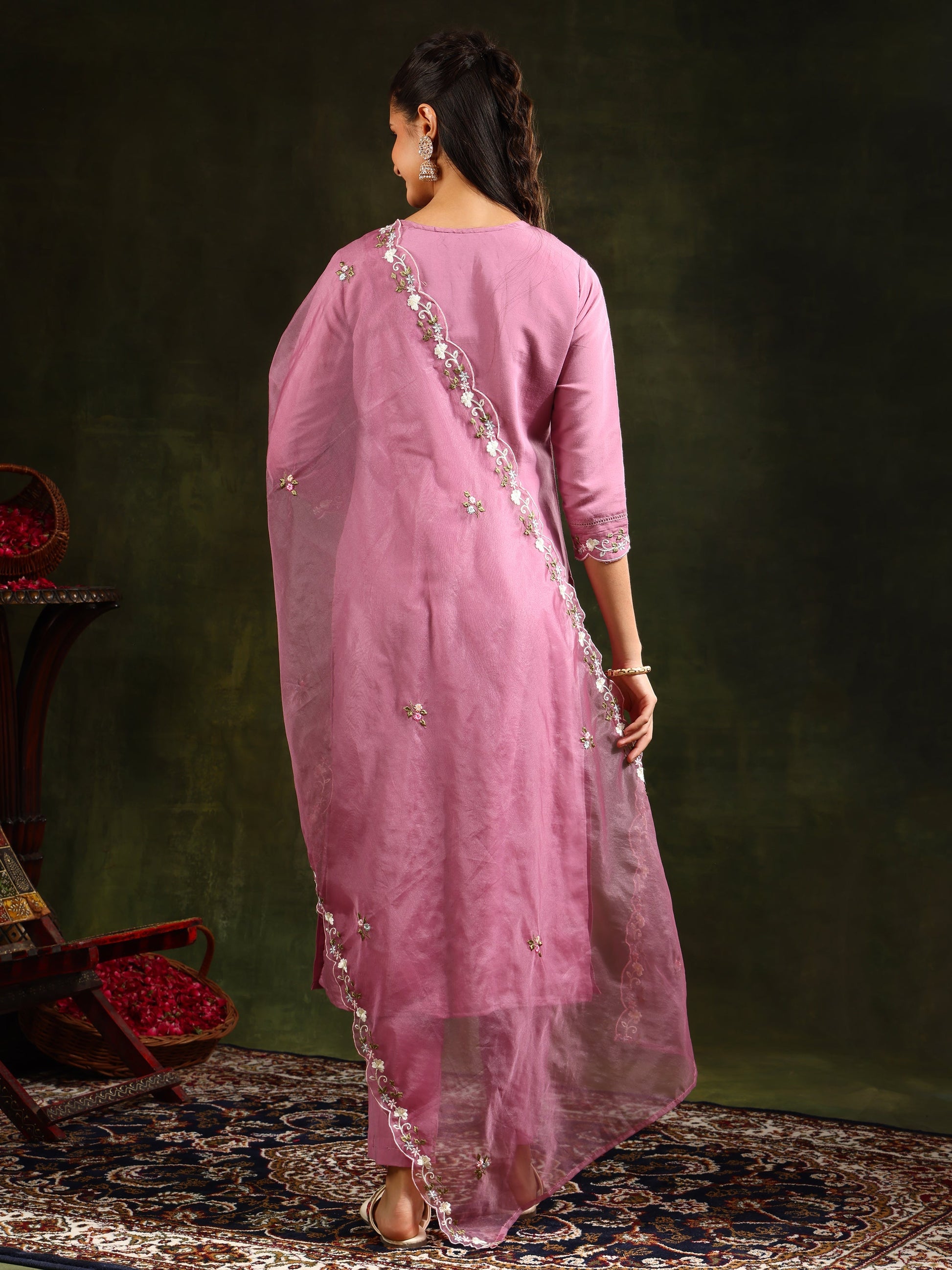 Embroidered Kurta With Pant & Organza Dupatta, Pink - Hiral Fashion