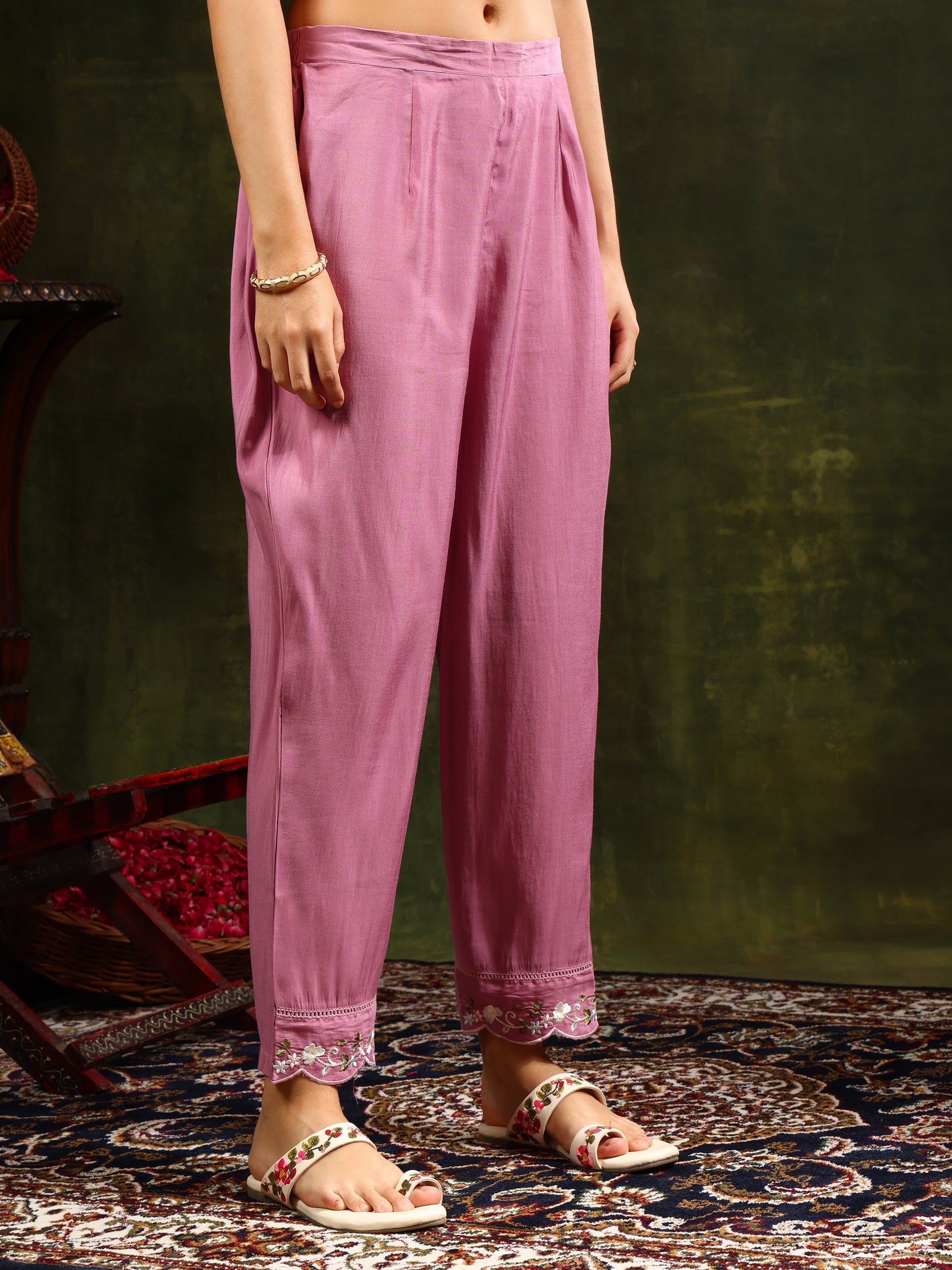 Embroidered Kurta With Pant & Organza Dupatta, Pink - Hiral Fashion