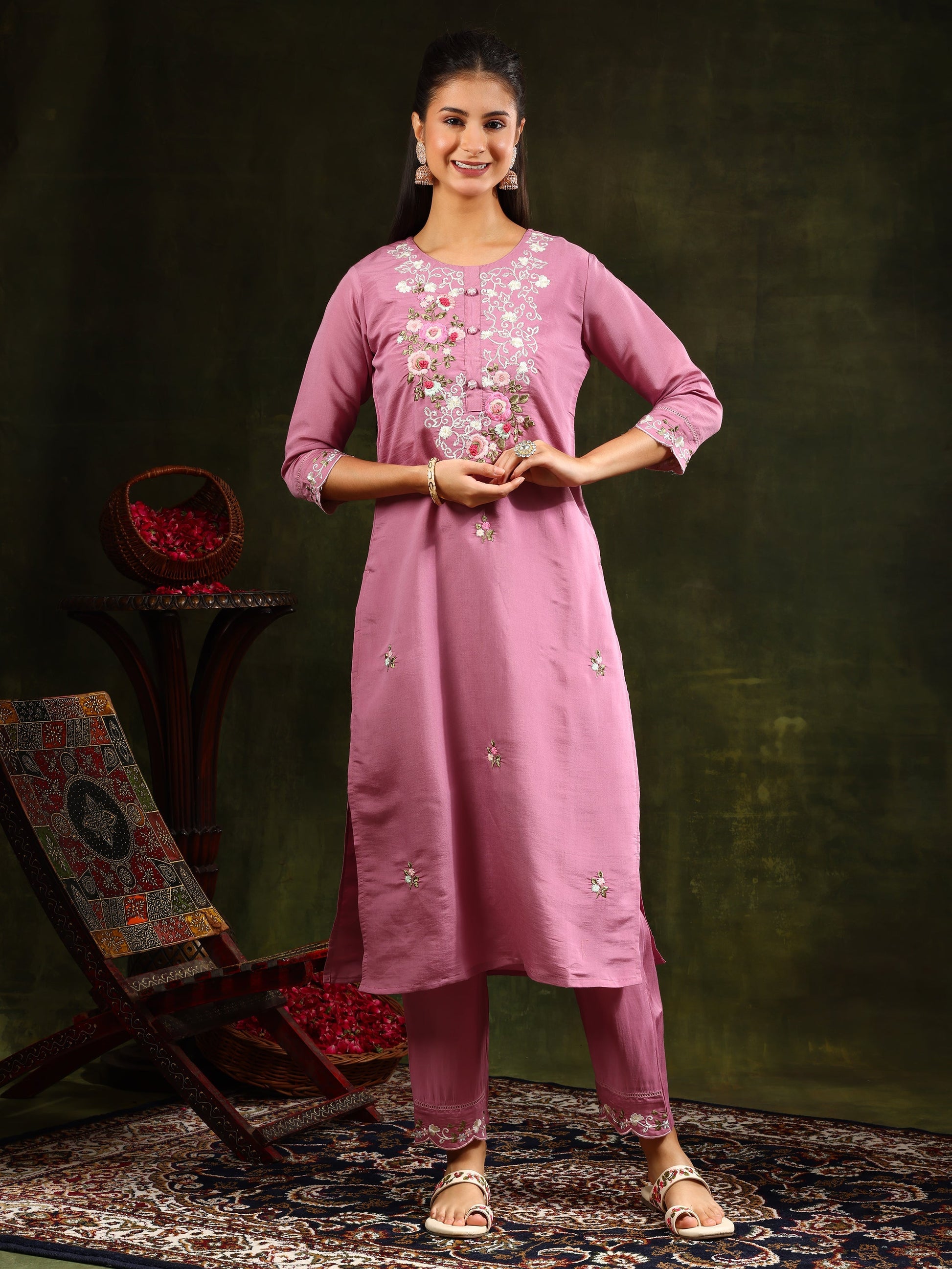 Embroidered Kurta With Pant & Organza Dupatta, Pink - Hiral Fashion