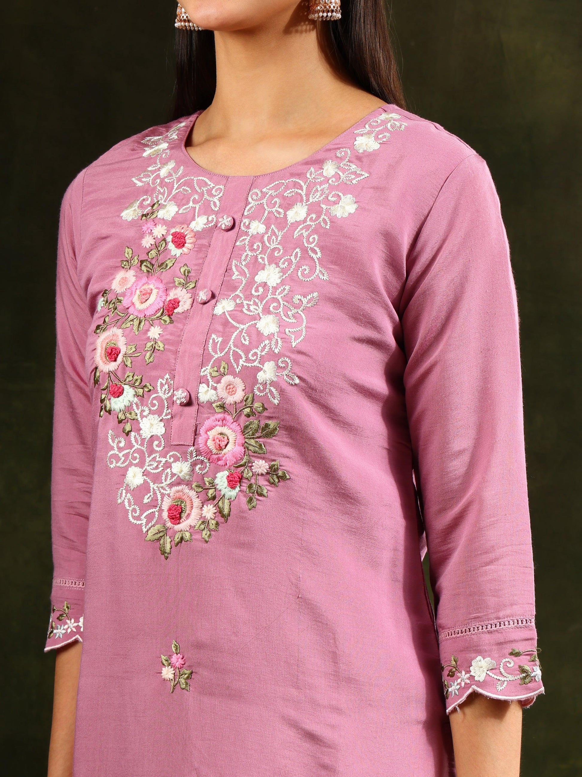 Embroidered Kurta With Pant & Organza Dupatta, Pink - Hiral Fashion