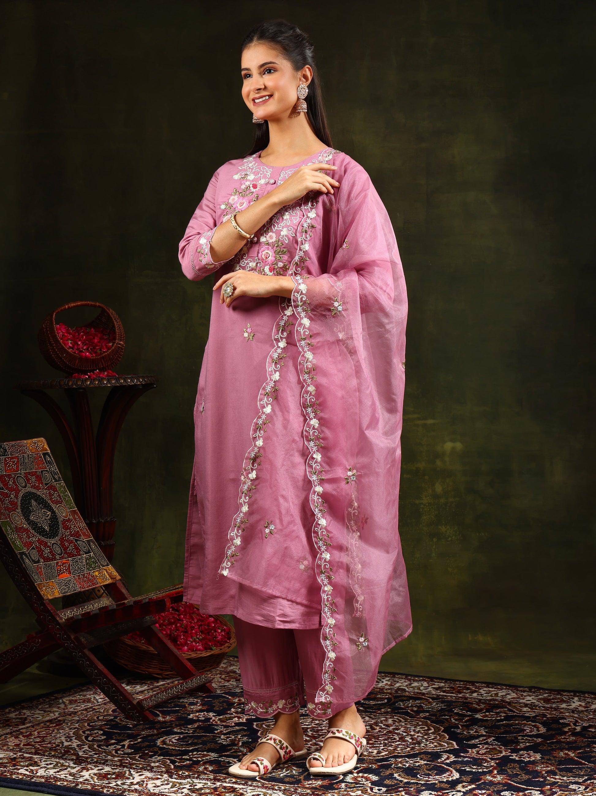 Embroidered Kurta With Pant & Organza Dupatta, Pink - Hiral Fashion