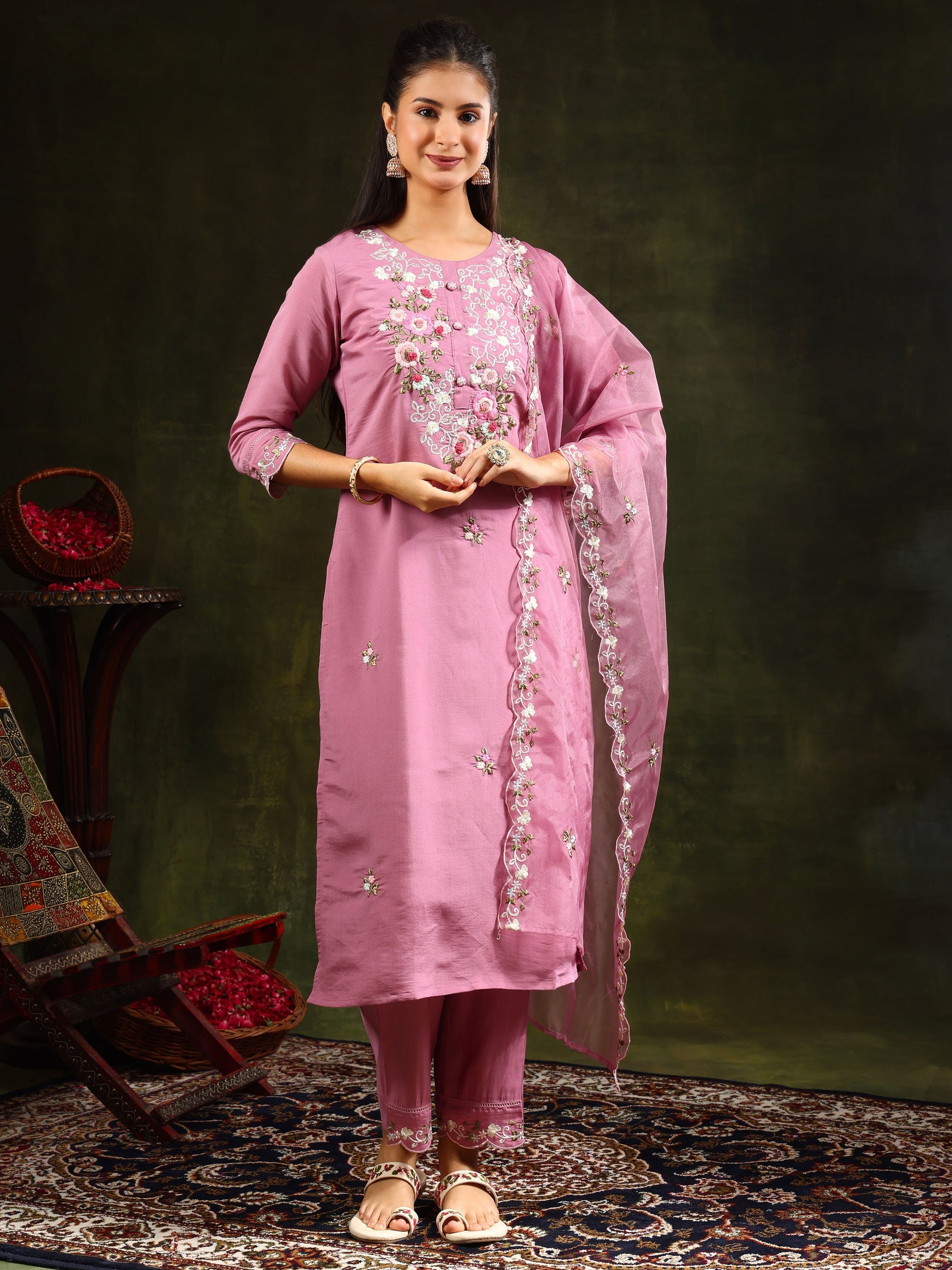 Embroidered Kurta With Pant & Organza Dupatta, Pink - Hiral Fashion