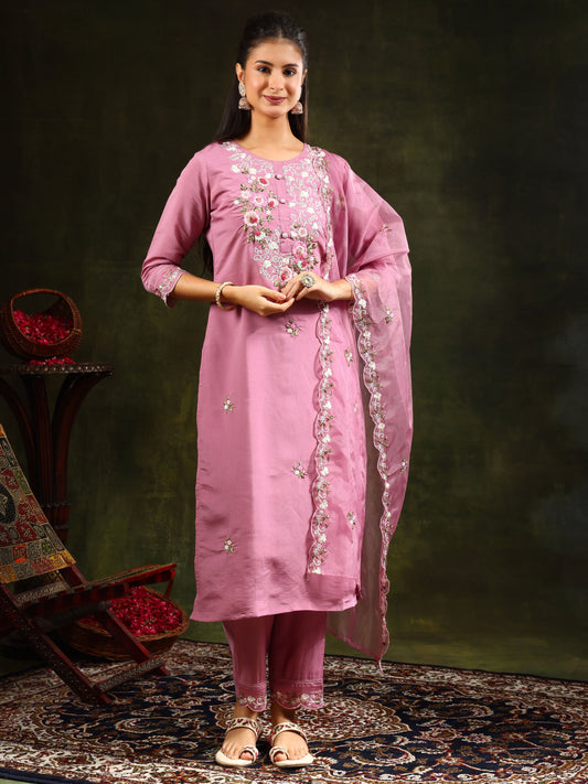 Embroidered Kurta With Pant & Organza Dupatta, Pink - Hiral Fashion