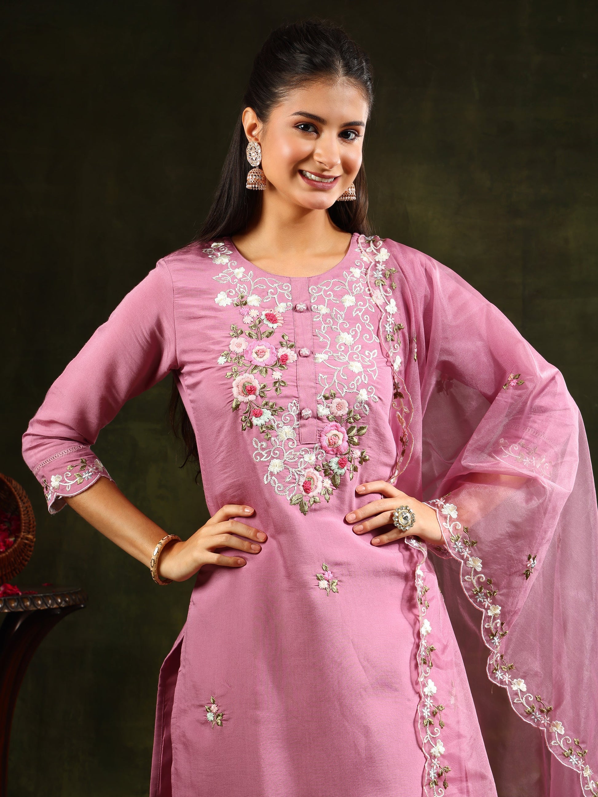 Embroidered Kurta With Pant & Organza Dupatta, Pink - Hiral Fashion