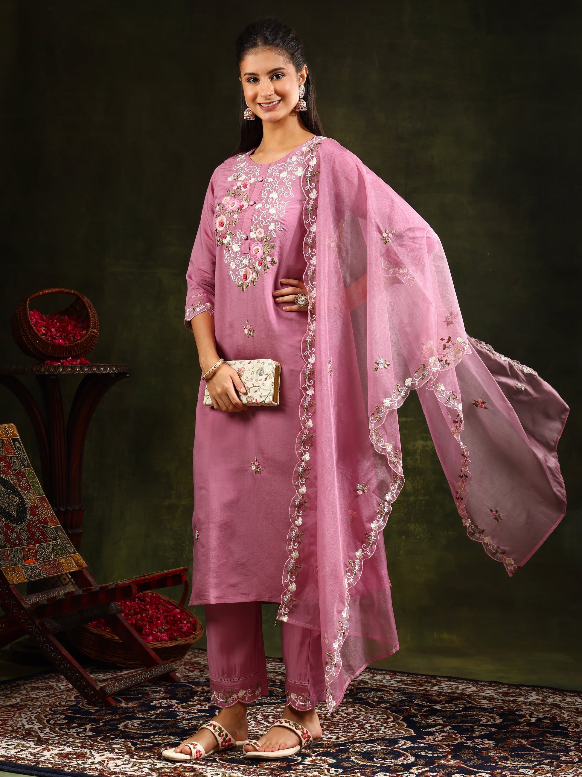 Embroidered Kurta With Pant & Organza Dupatta, Pink - Hiral Fashion