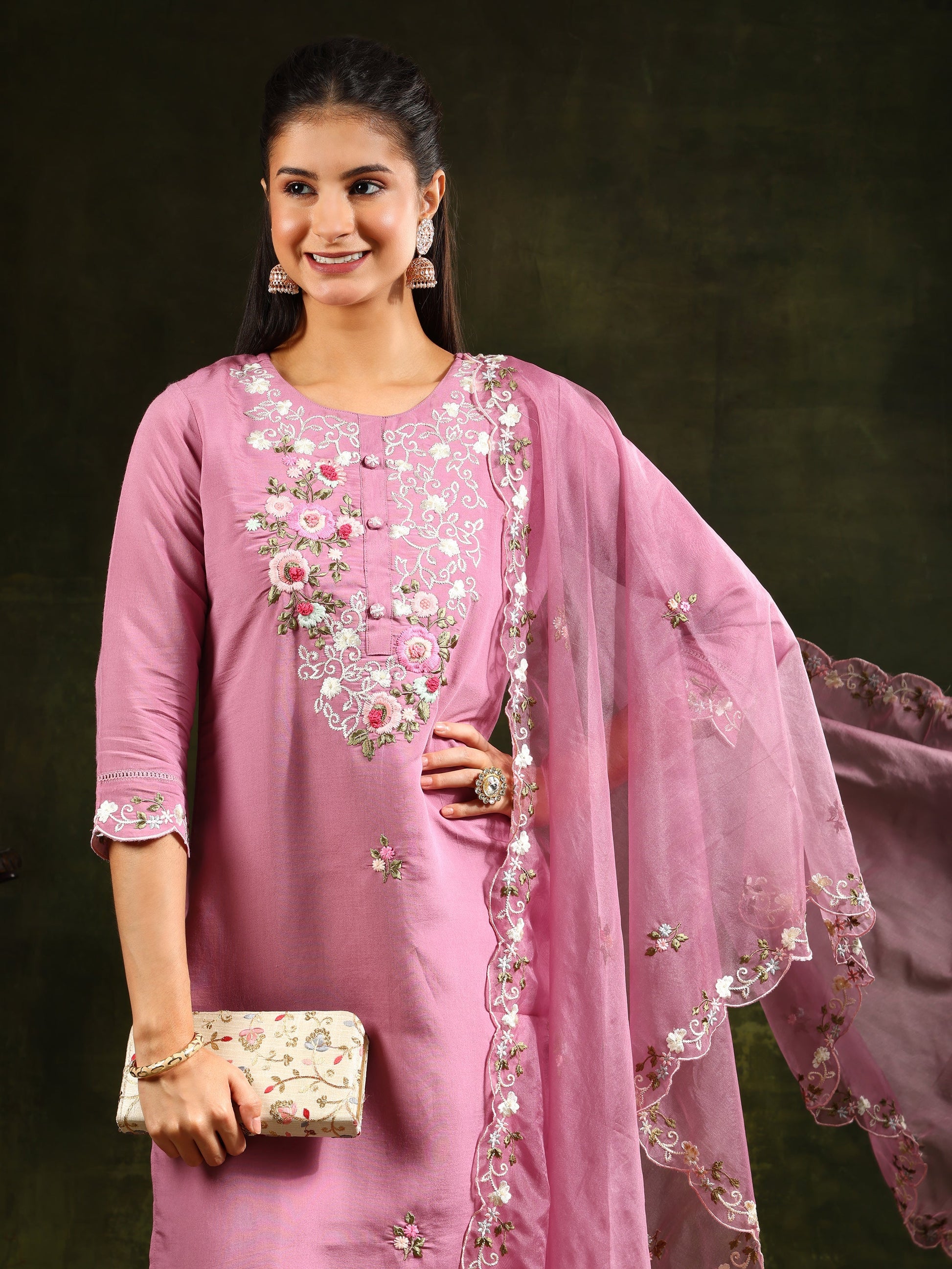 Embroidered Kurta With Pant & Organza Dupatta, Pink - Hiral Fashion
