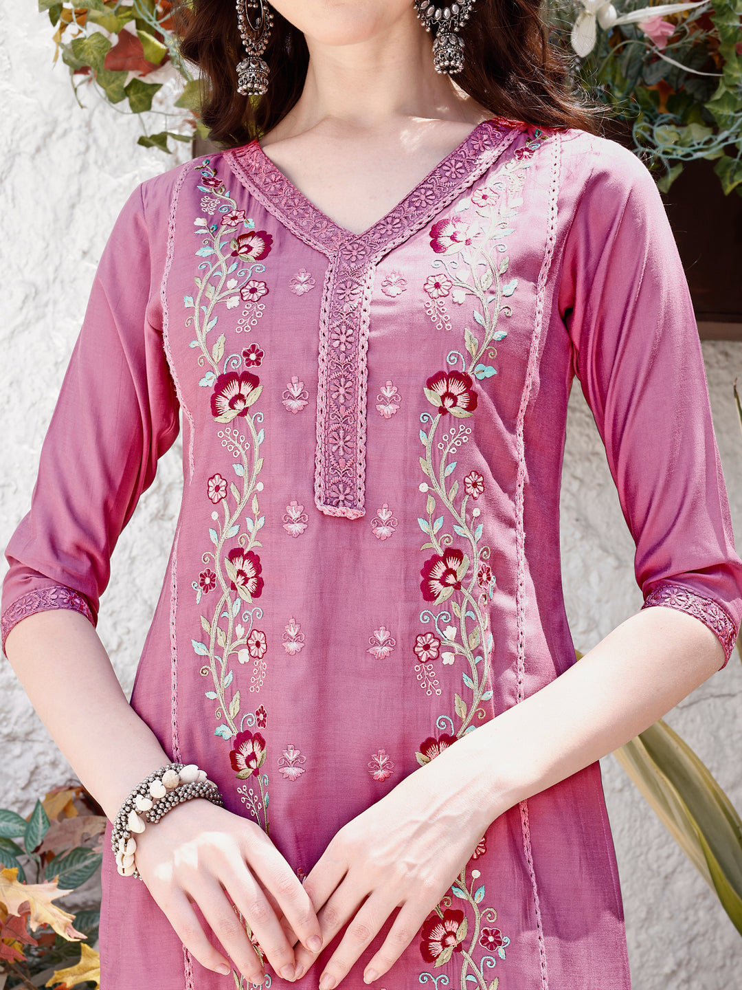 Embroidered Kurta With Pant & Organza Dupatta, Pink - Hiral Fashion