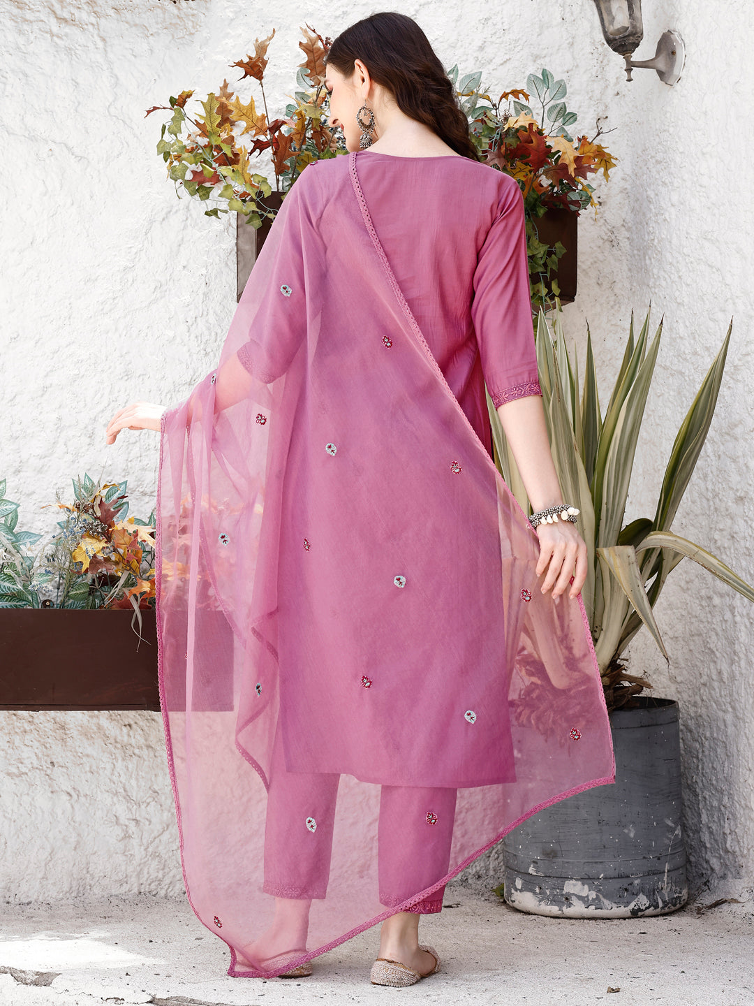 Embroidered Kurta With Pant & Organza Dupatta, Pink - Hiral Fashion