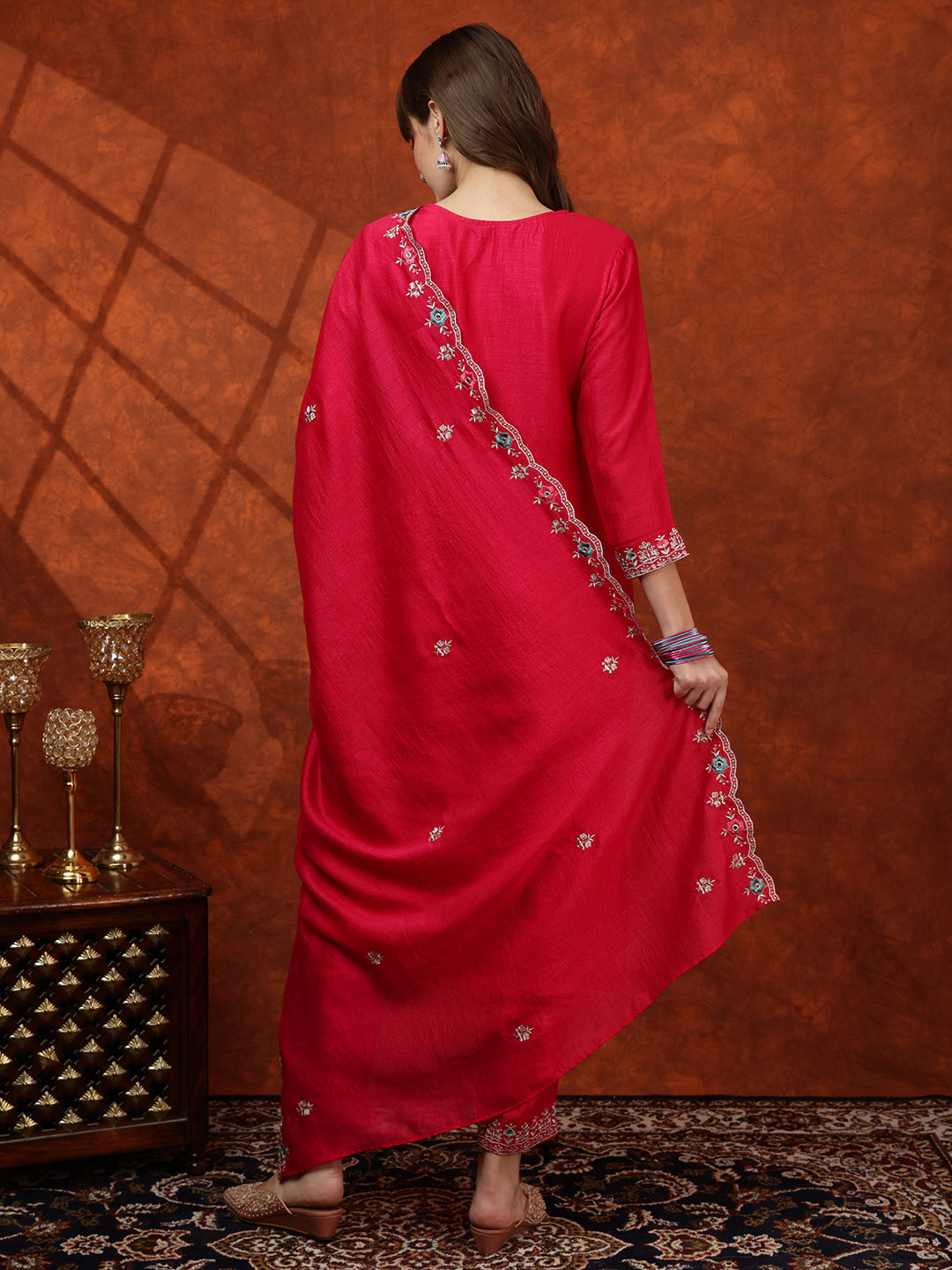 Embroidered Kurta With Pant & Embroidered Dupatta, Pink - Hiral Fashion