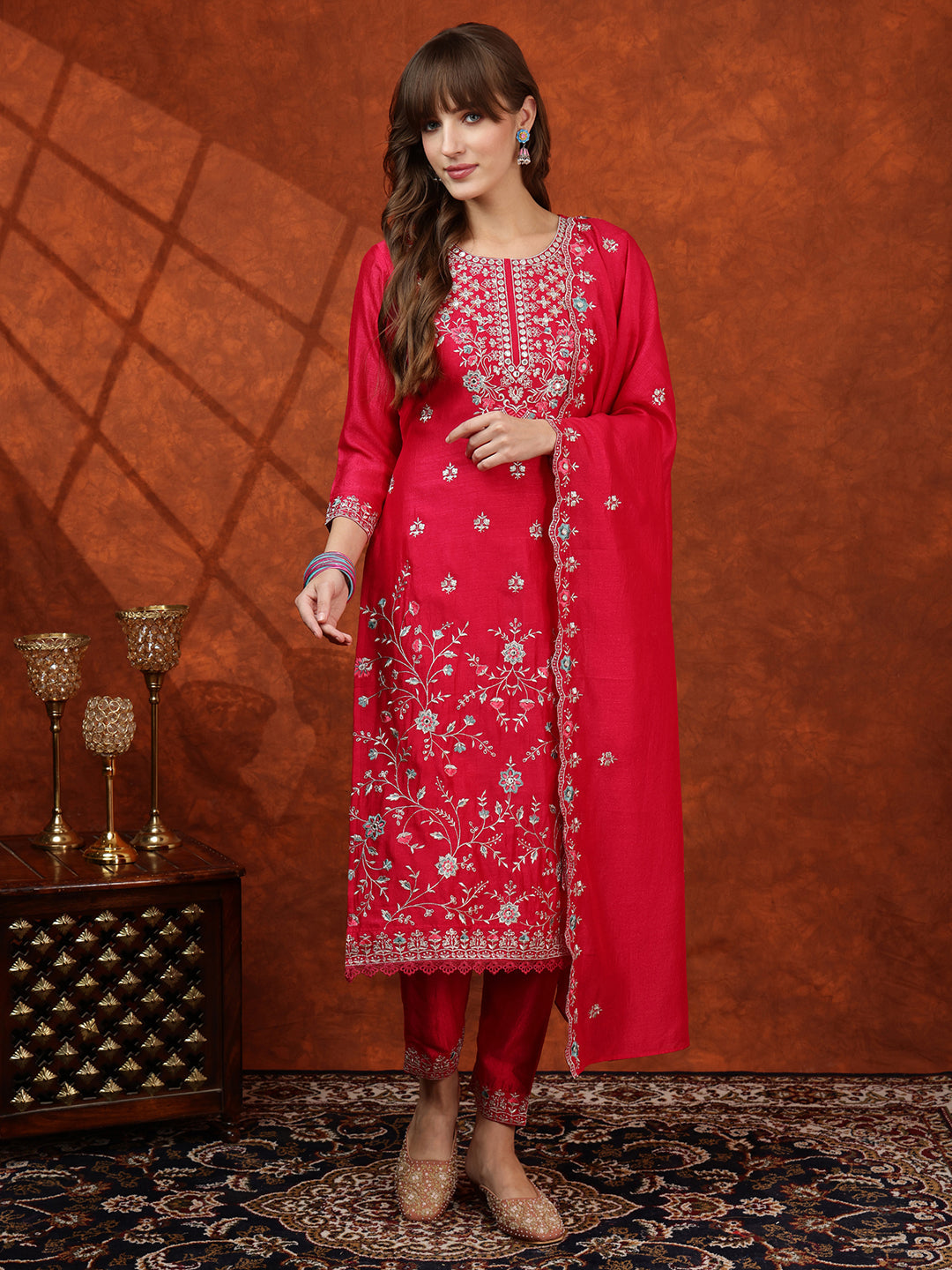 Embroidered Kurta With Pant & Embroidered Dupatta, Pink - Hiral Fashion