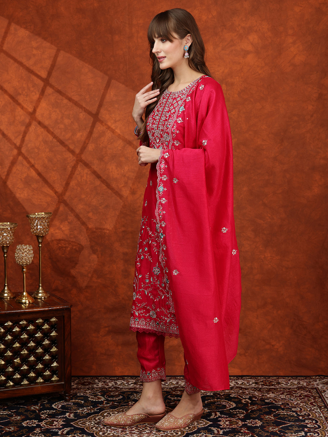 Embroidered Kurta With Pant & Embroidered Dupatta, Pink - Hiral Fashion
