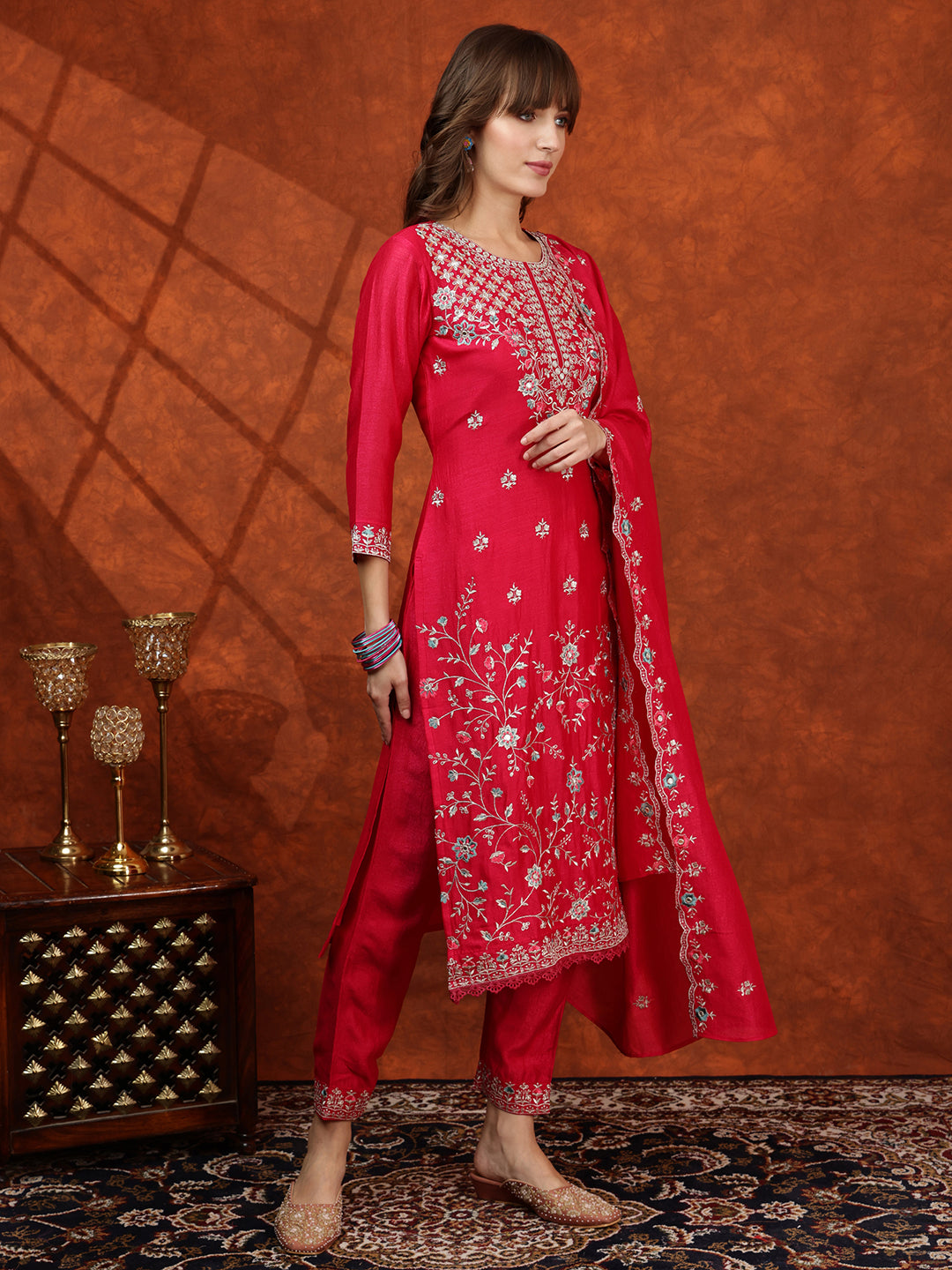 Embroidered Kurta With Pant & Embroidered Dupatta, Pink - Hiral Fashion