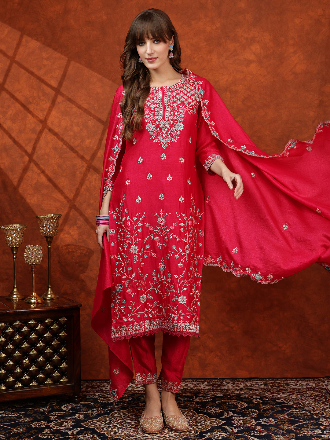 Embroidered Kurta With Pant & Embroidered Dupatta, Pink - Hiral Fashion