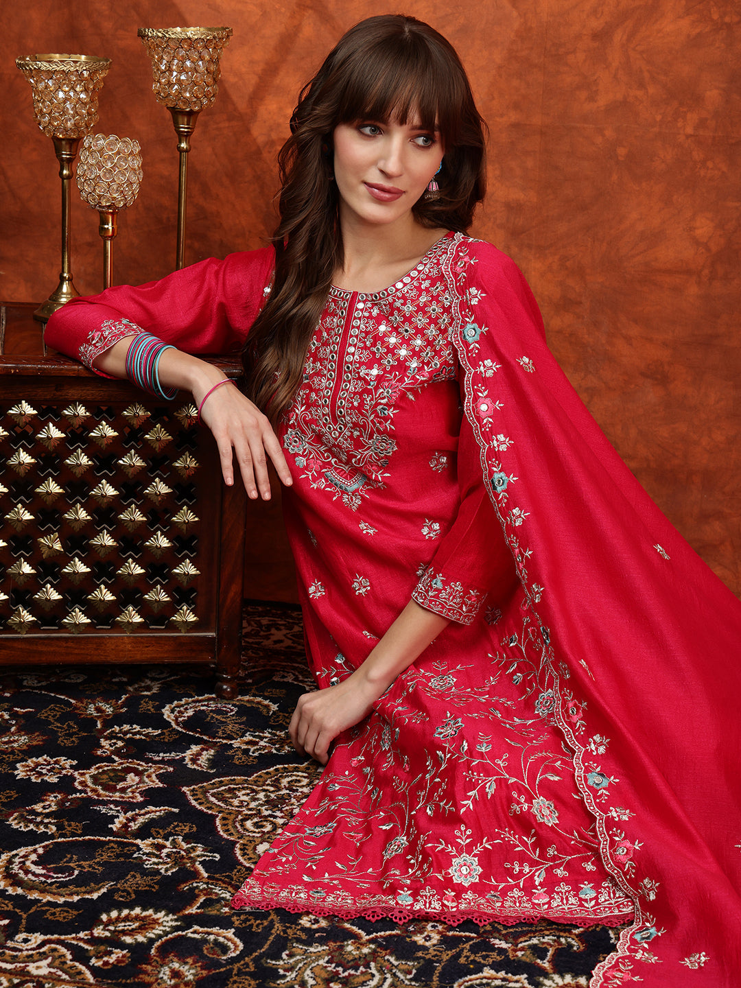 Embroidered Kurta With Pant & Embroidered Dupatta, Pink - Hiral Fashion