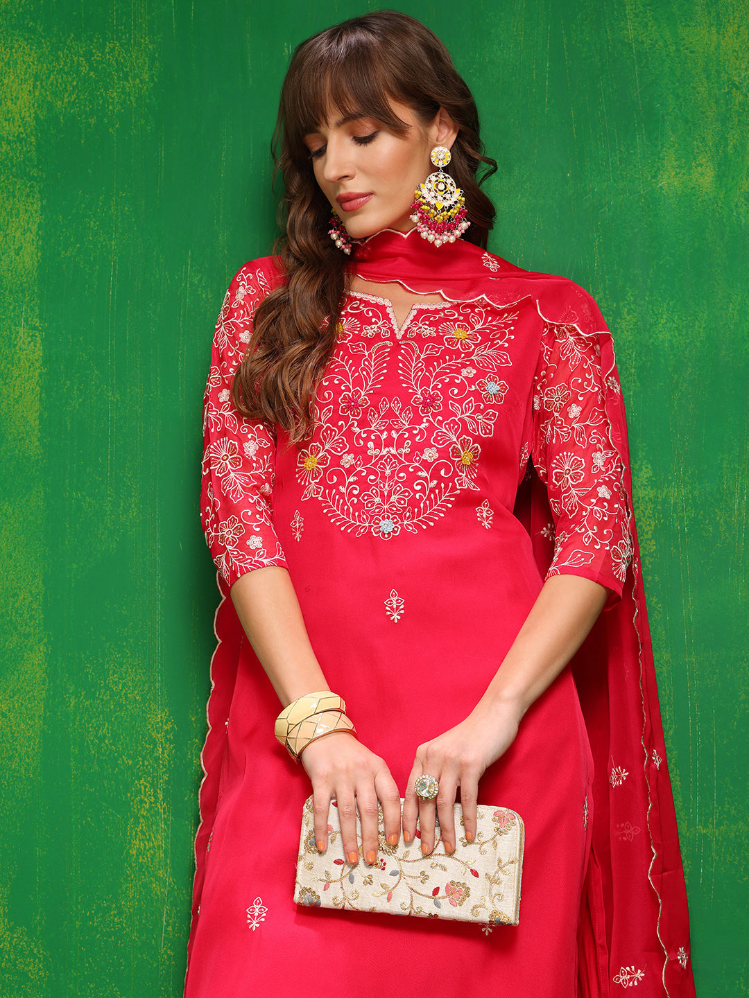 Hand Embroidered Kurta With Pant & Embroidered Dupatta, Pink - Hiral Fashion