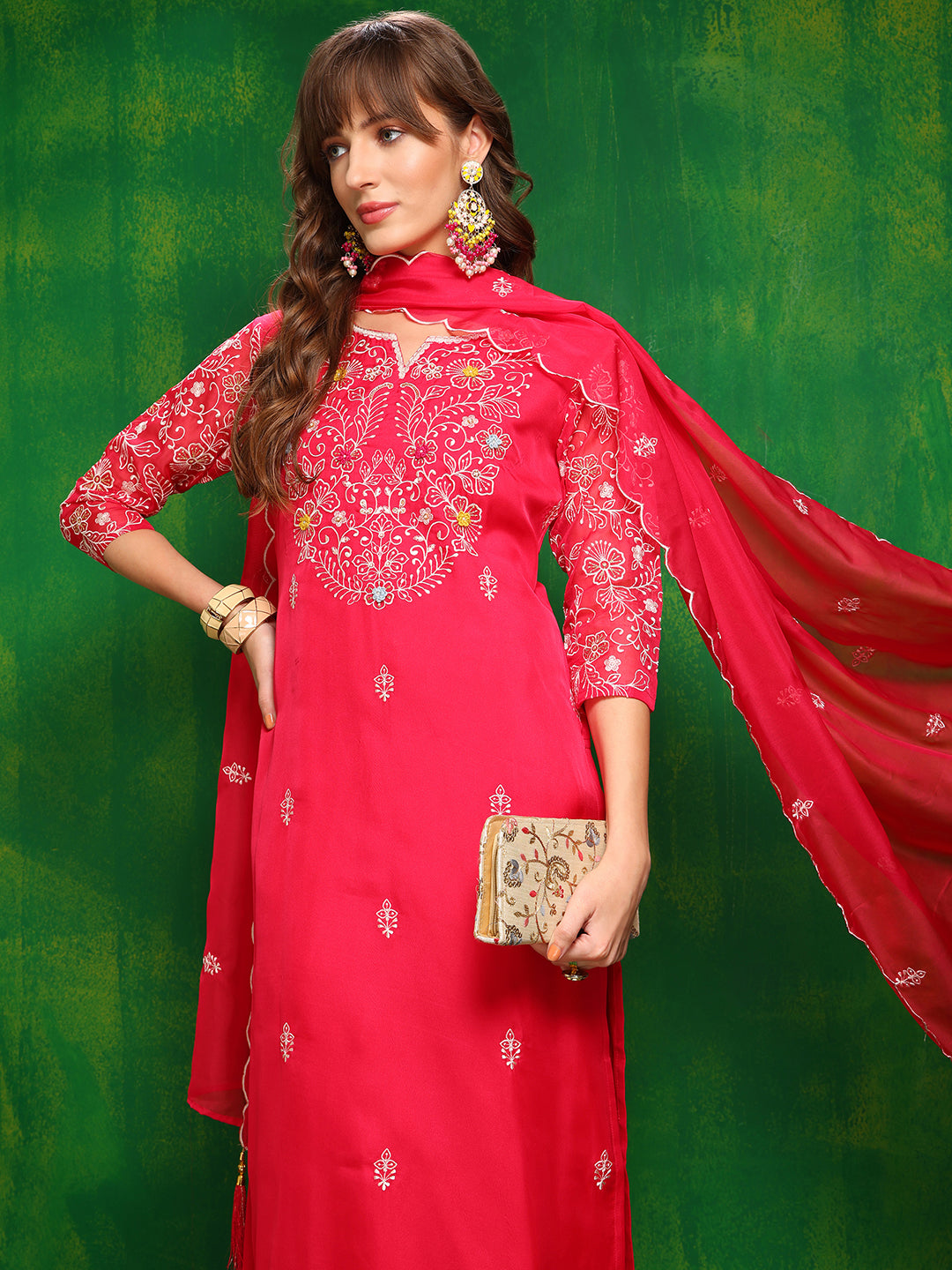 Hand Embroidered Kurta With Pant & Embroidered Dupatta, Pink - Hiral Fashion