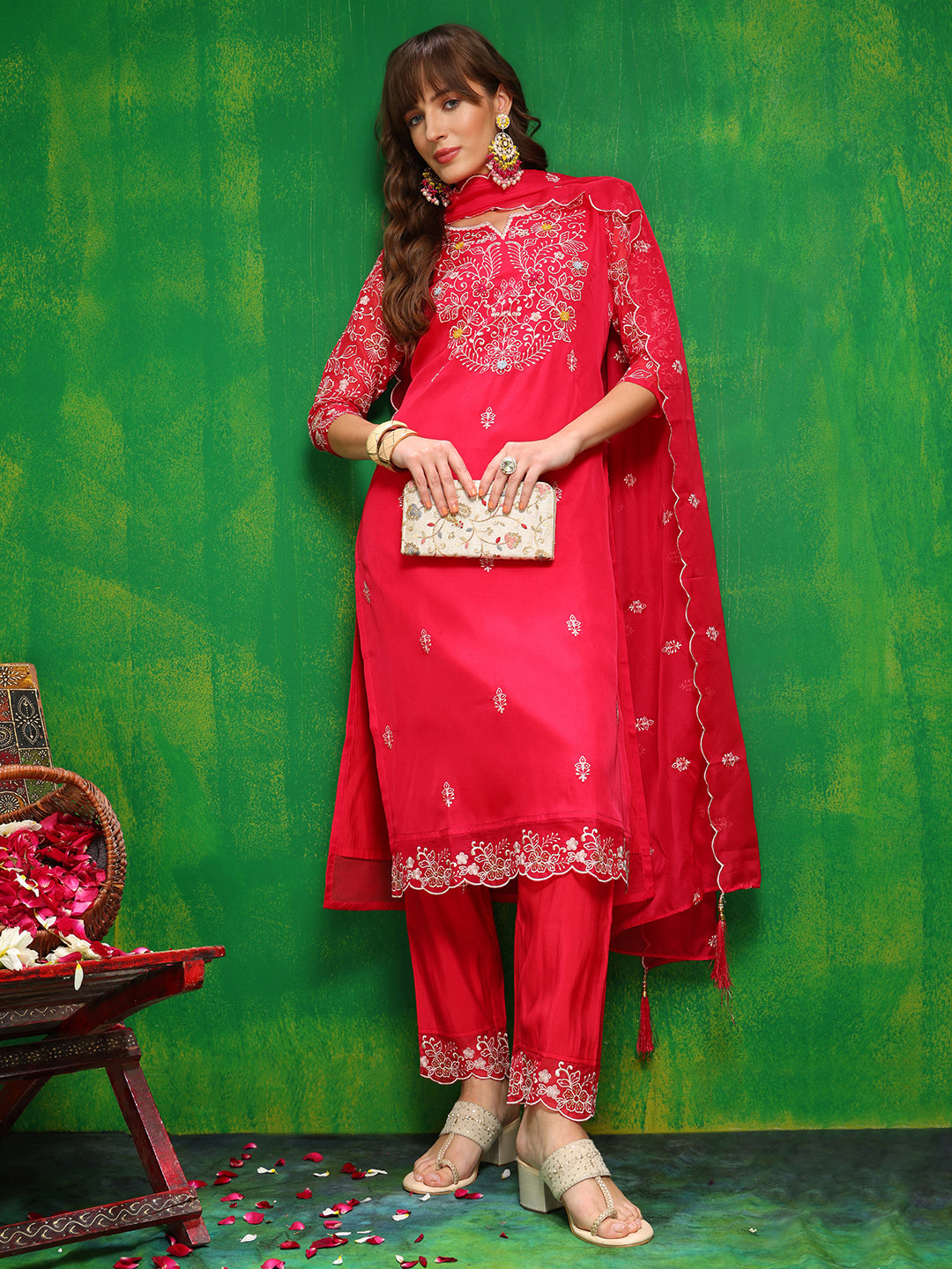 Hand Embroidered Kurta With Pant & Embroidered Dupatta, Pink - Hiral Fashion
